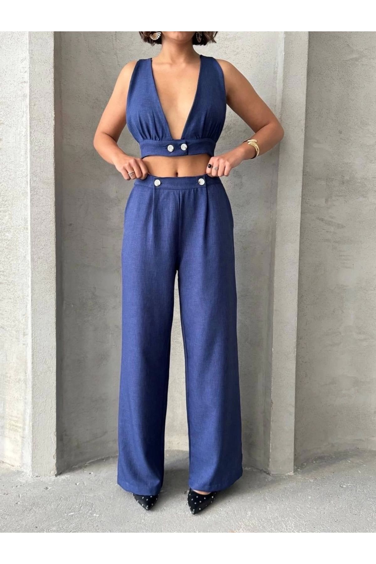 ufukmoda Crop pantolon keten takım s255012