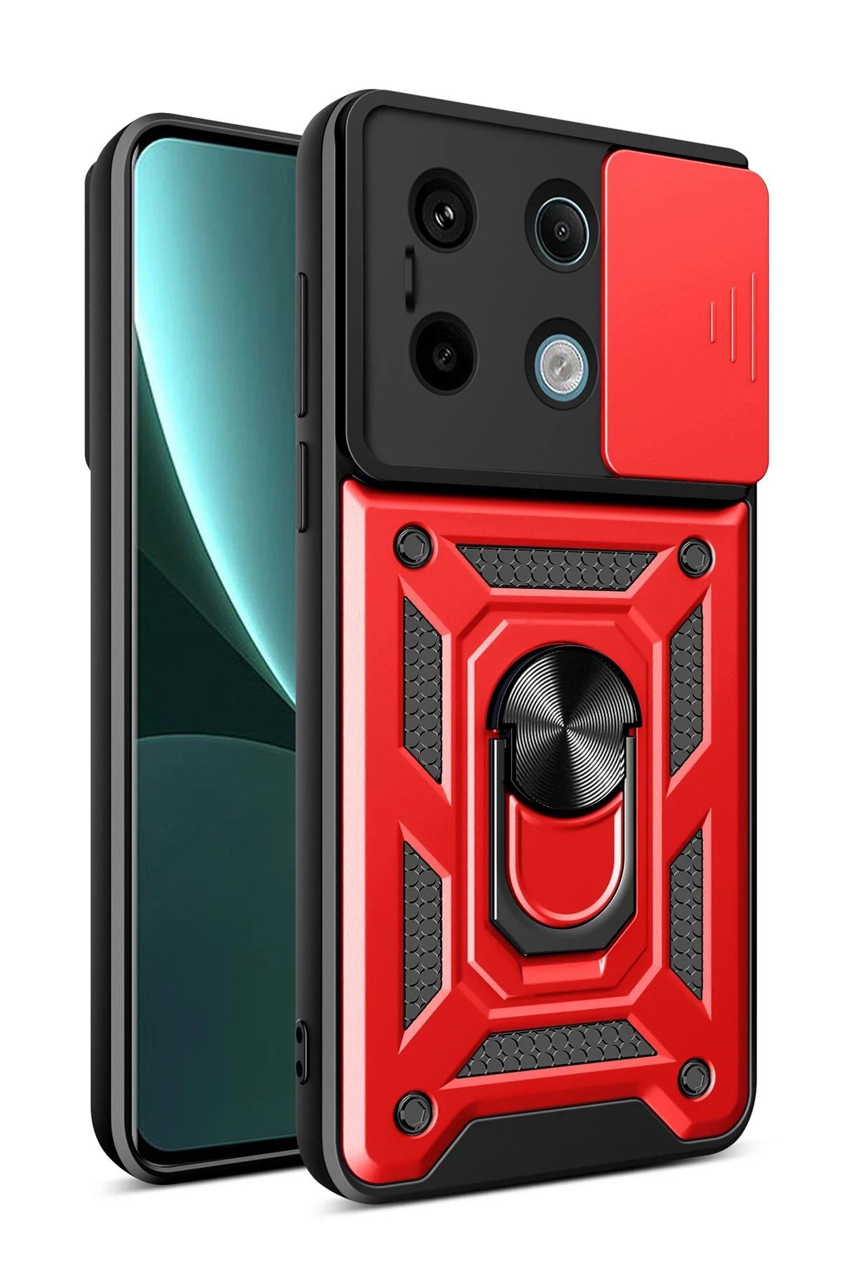 NewFace Xiaomi Poco X6 Pro Kılıf Pars Lens Yüzüklü Silikon - Kırmızı YNSMR