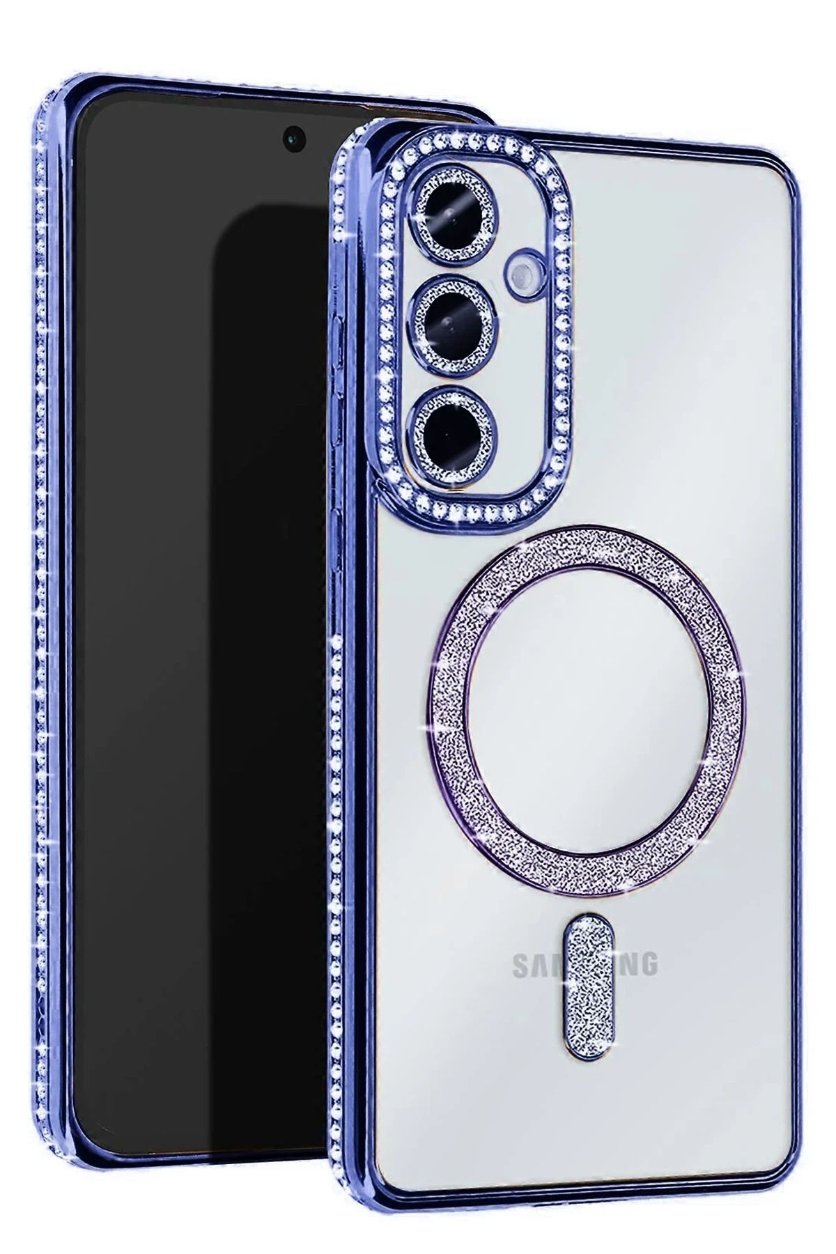 cepmoda samsung galaxy S25 EDGE Telefon Kılıfı | Taşlı, Simli, Lüx dizayn, Lens Korumalı Kapak | MAVİ