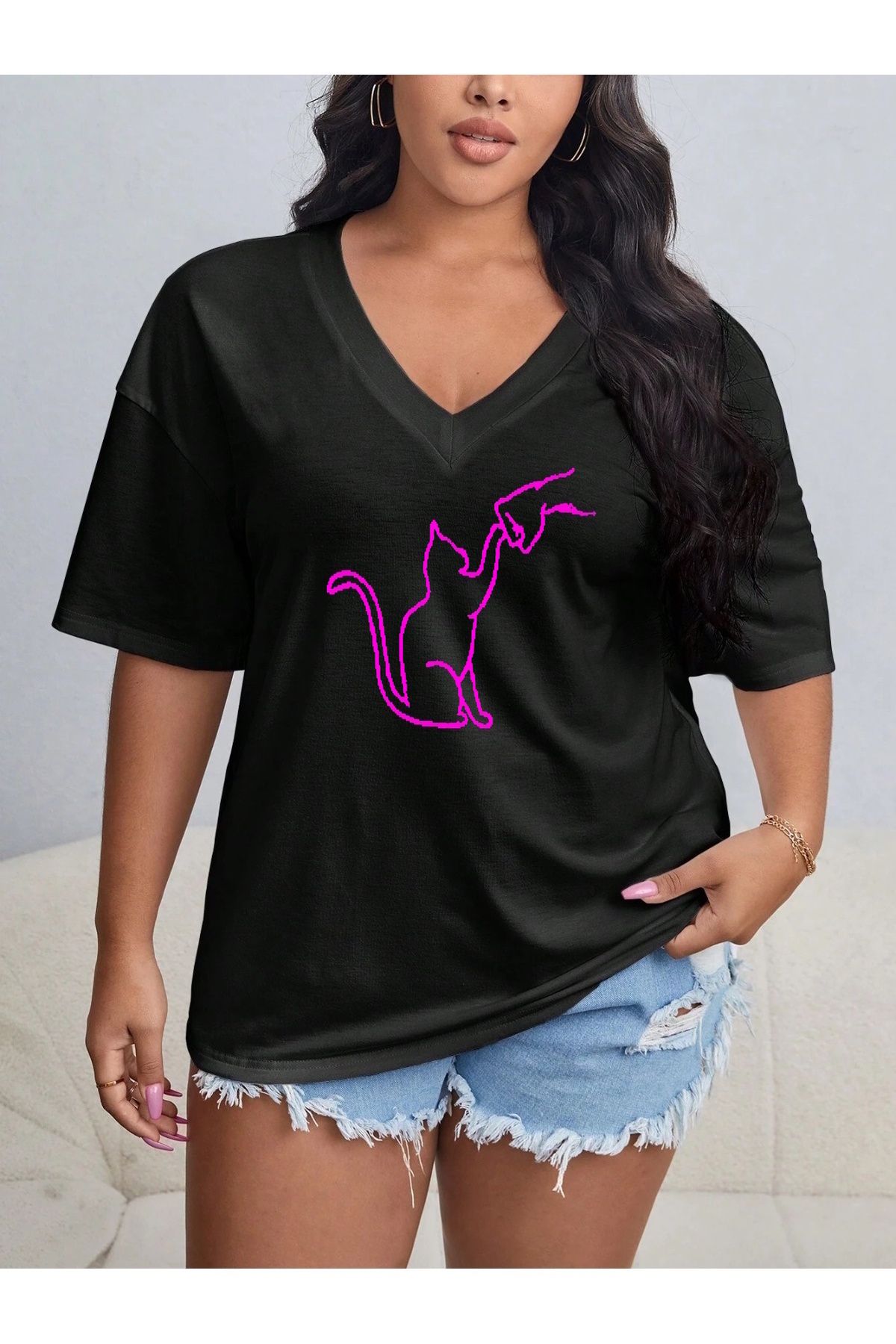 Tarzsokak Kadın / Kız V Yaka Düz & Baskılı Siyah / Beyaz Oversize T-shirt Salaş