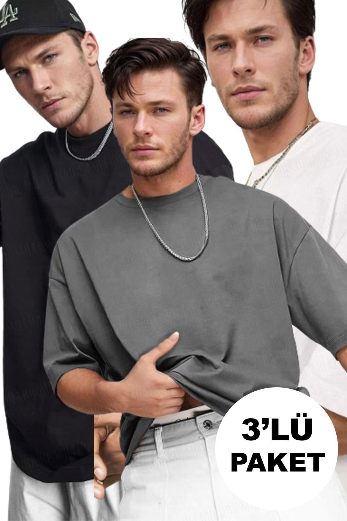 Tarzsokak Erkek 3'lü Siyah, Beyaz ve Füme Basic Düz Baskısız Oversize Salas Boyfriend
