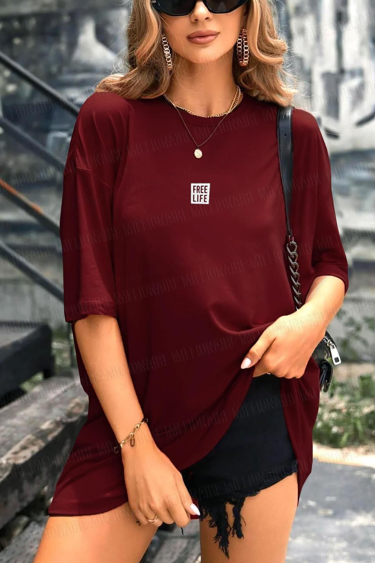 Tarzsokak Kadın Bordo Free Life Bisiklet Yaka Oversize Salas