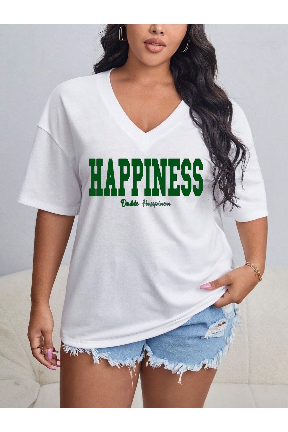 Tarzsokak Kadın / Kız V Yaka Baskılı & Düz Beyaz Oversize T-shirt Salaş