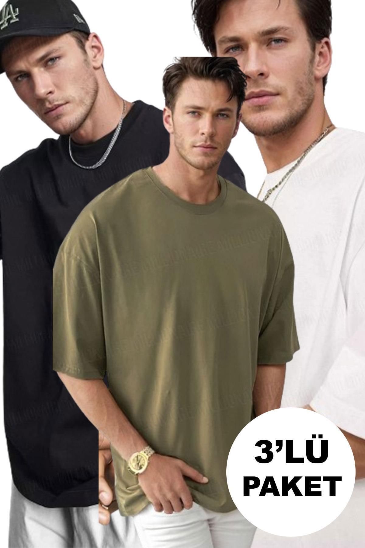 Tarzsokak Erkek 3'lü Siyah, Beyaz ve Haki Basic Düz Baskısız Oversize Salas