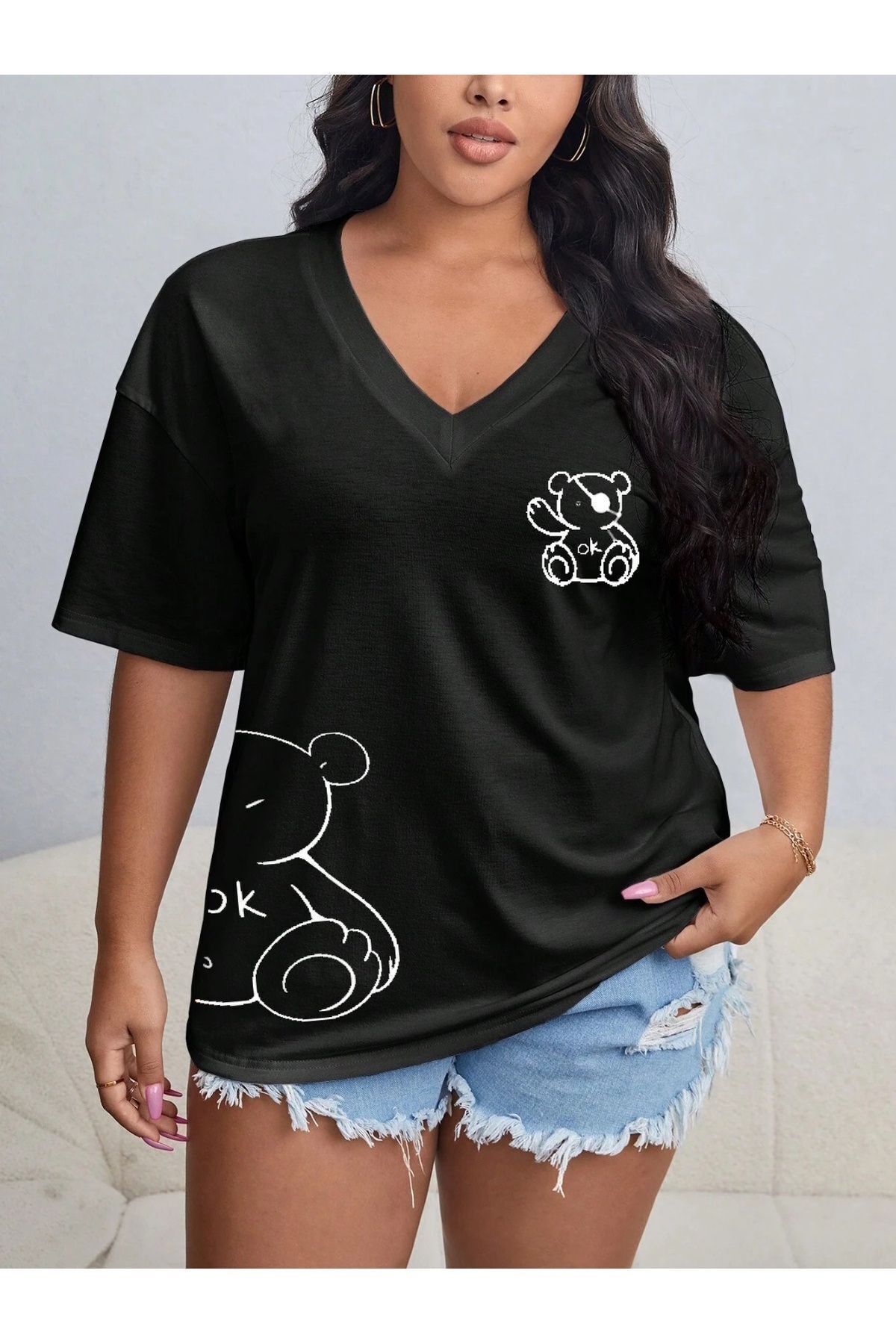 Tarzsokak Kadın / Kız V Yaka Düz & Baskılı Siyah / Beyaz Oversize T-shirt Salaş