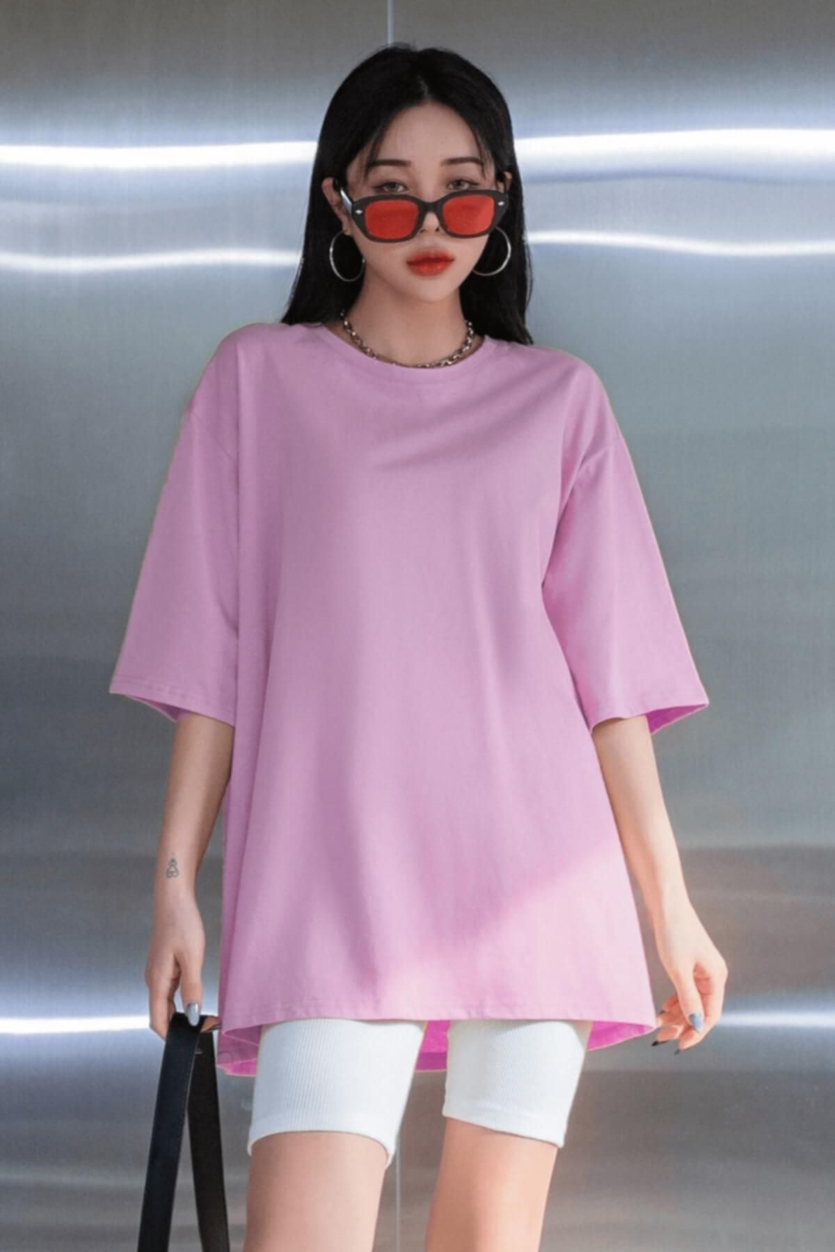 Tarzsokak Açık Pembe Basic Düz Baskısız Oversize Salas Boyfriend Kadın