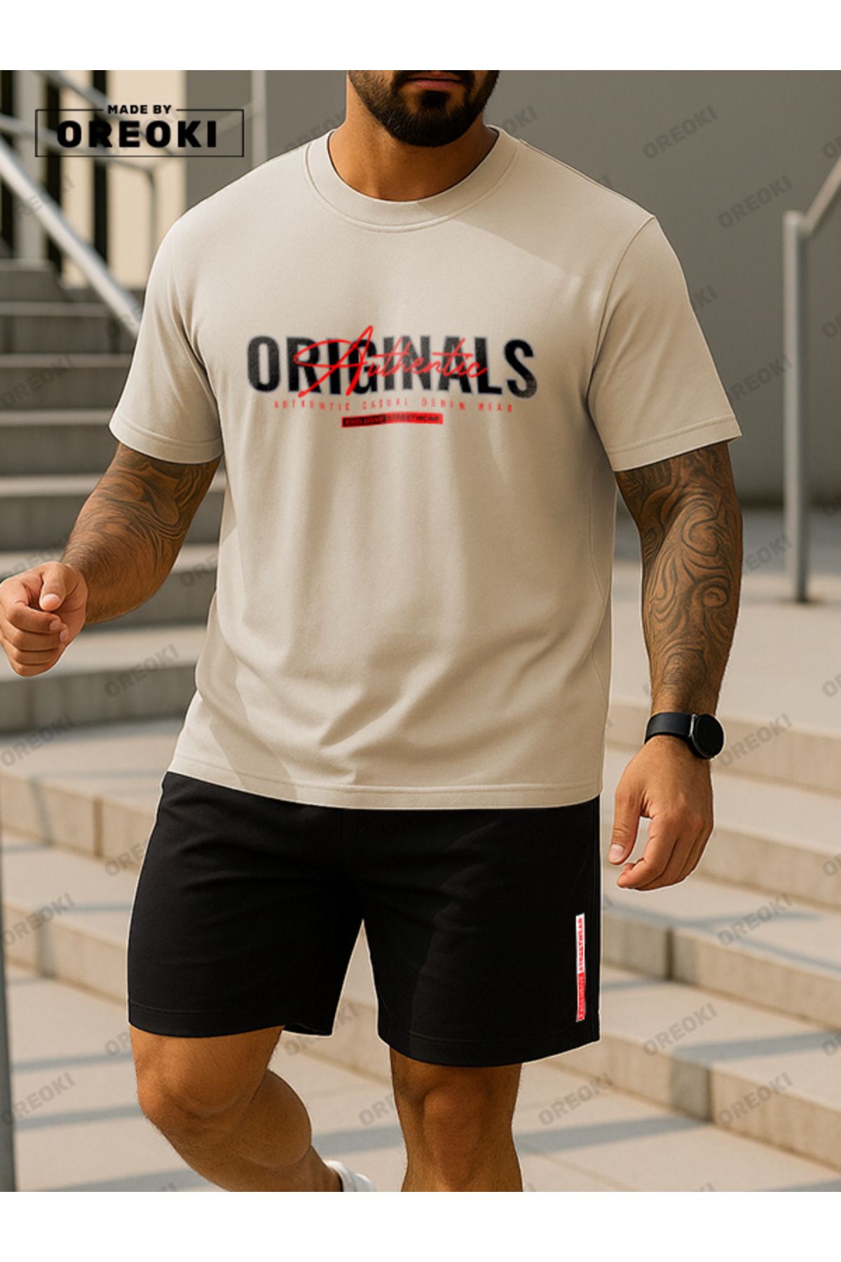 EFFRENATU Orijinal Sokak Giyimi Baskılı Pamuklu Kumaş Erkek Bej T-shirt-Siyah Şort Takım