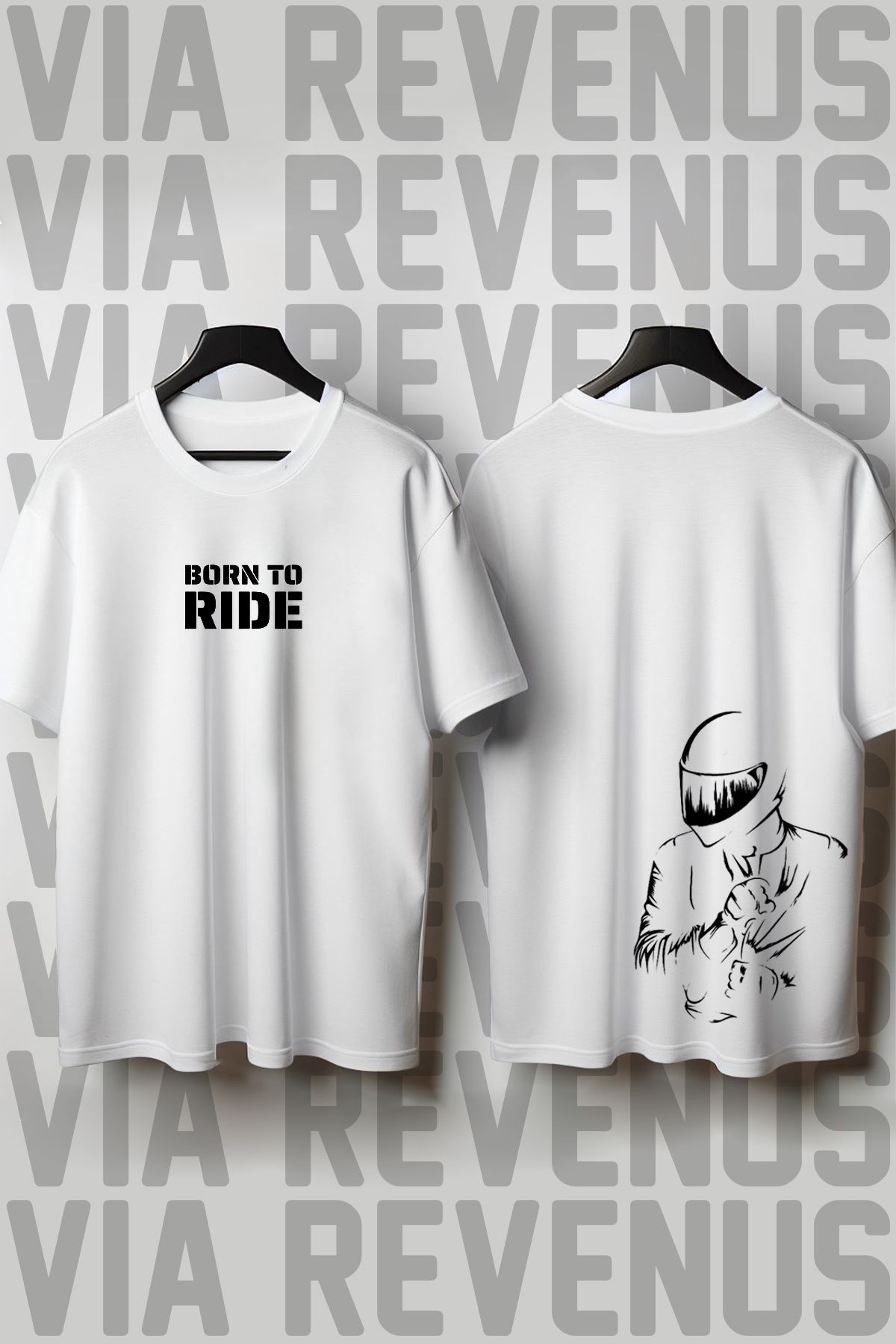 Vordevia Born To Ride / Motorcu Baskılı Geniş Kalıp Unisex Bisiklet Yaka Tshirt