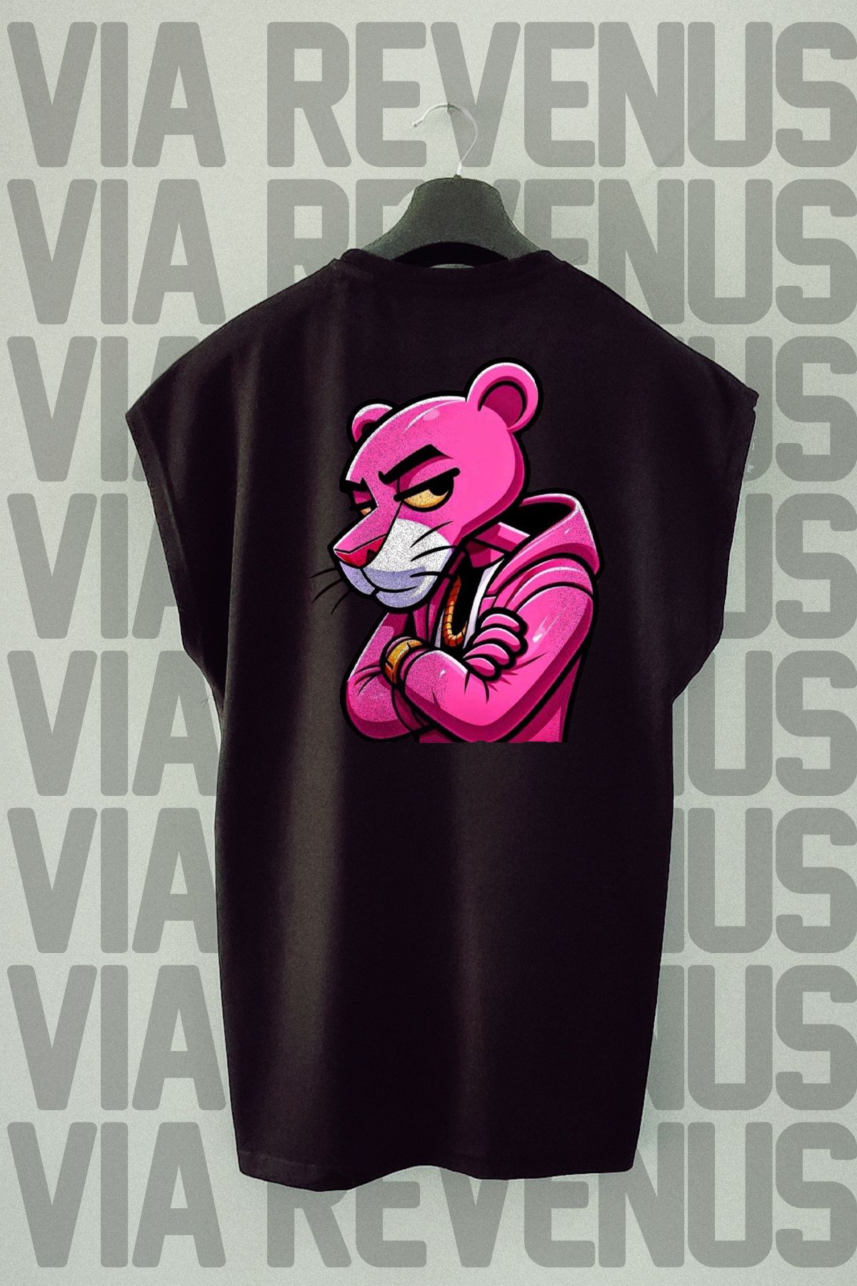 Vordevia Pembe Panter Sırt Baskılı Sıfır Kollu Bisiklet Yaka Spor Tshirt