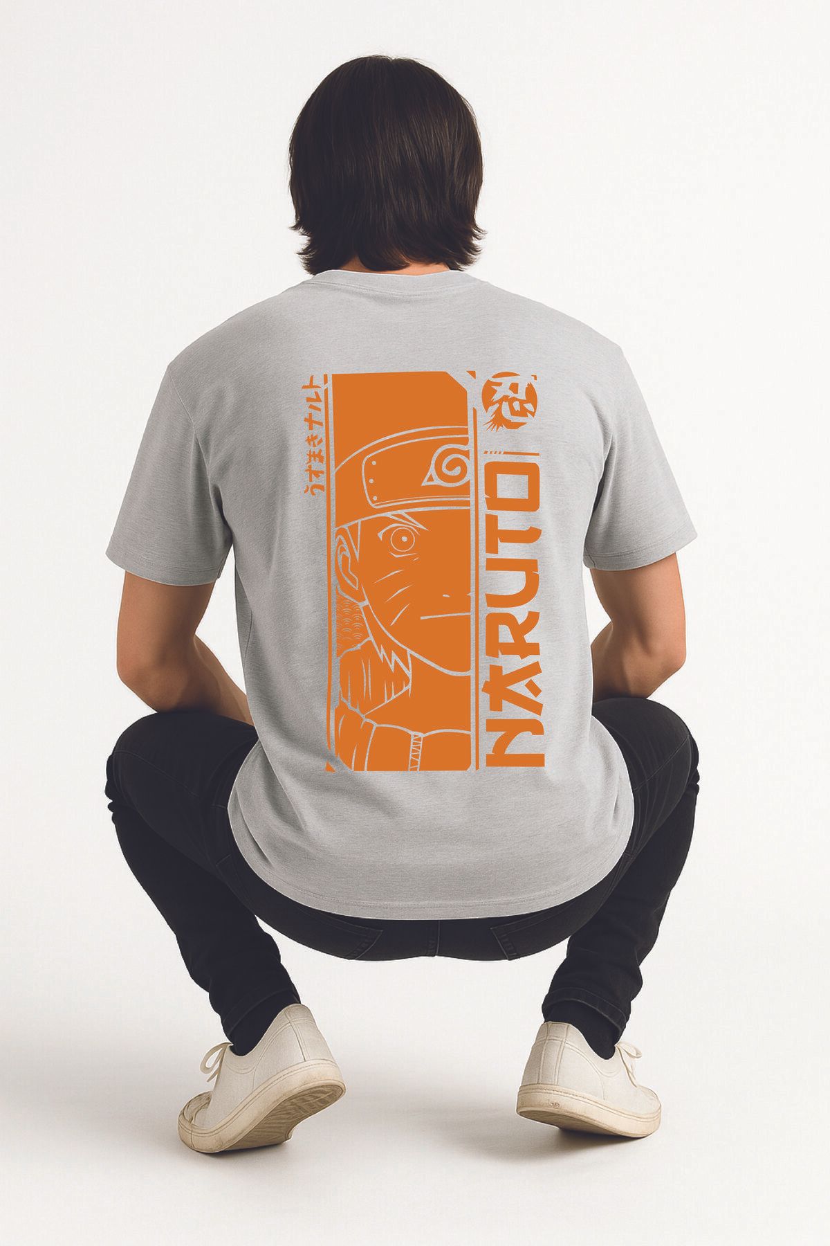 By Caspita Fashion Lenithra Naruto Anime Sırt Baskılı Unisex Oversize Gri T-shirt