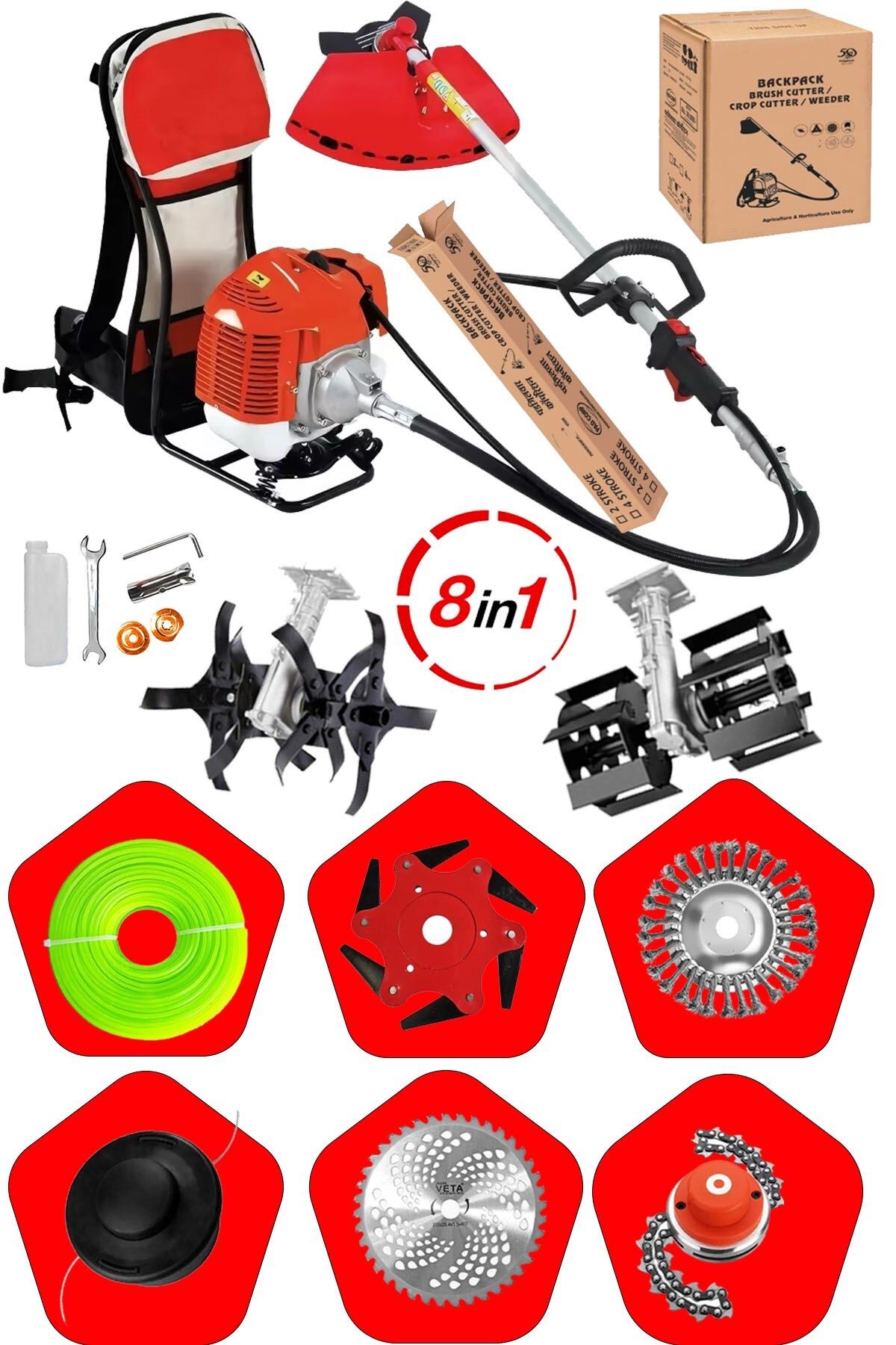 STAXX POWER 8 Başlıklı Çelik Piston Sırt Tipi Benzinli Motorlu Ot Çalı Tırpanı Çim Biçme Makinesi Tırpan Çapalı