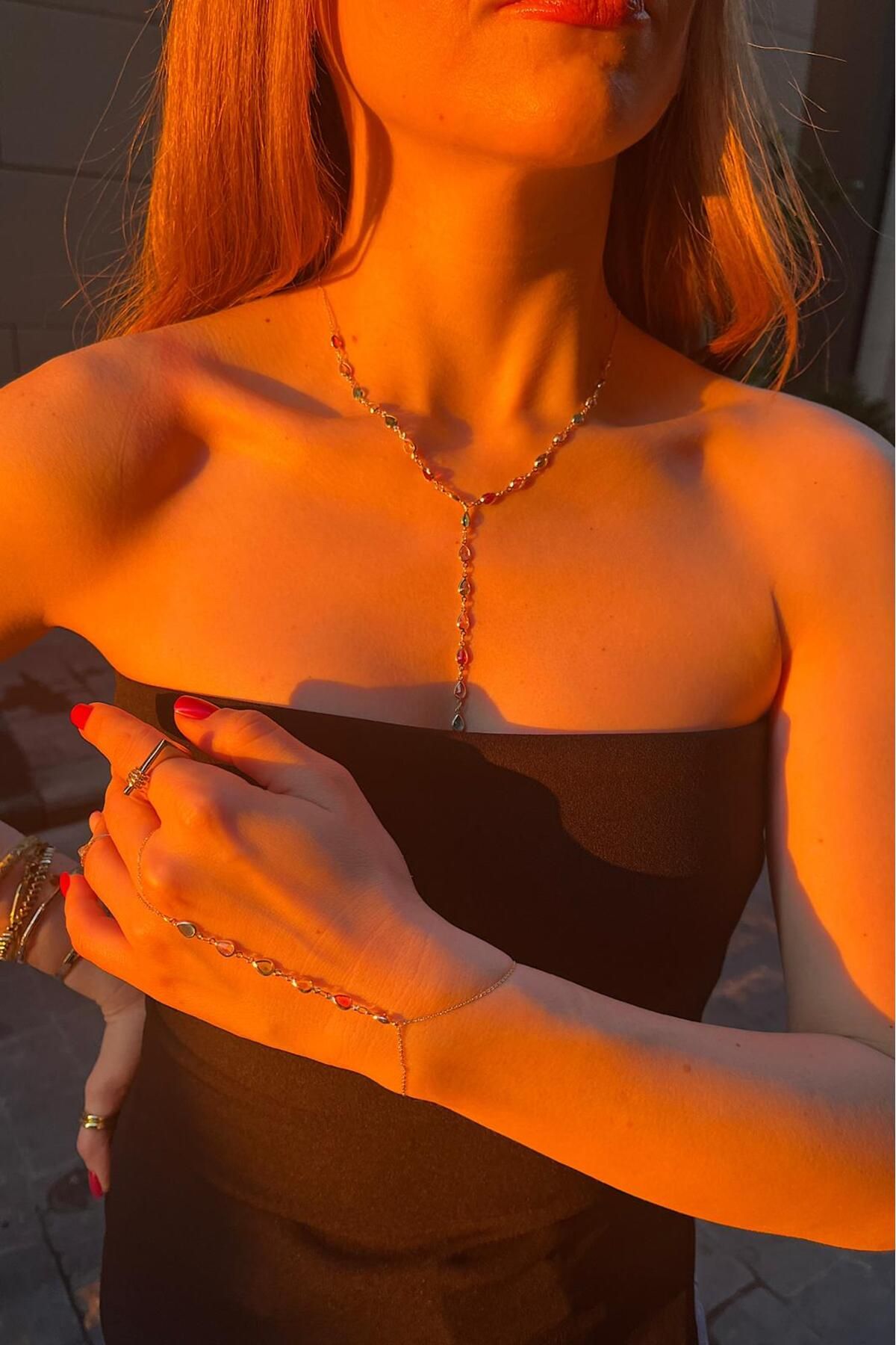 Bijou Luz Gold Renkli Taşlı Damlı Detay Y Kolye