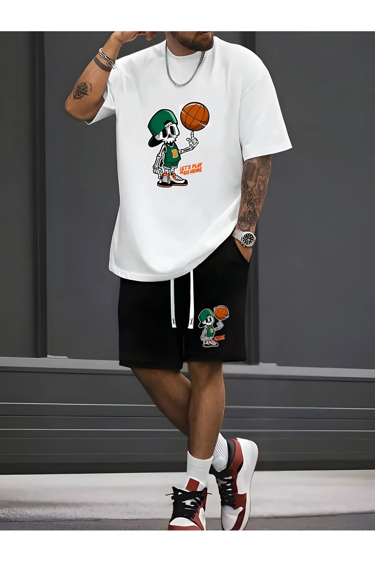 aynewmoda Erkek 2 Parçalı Günlük Spor Takımı, Kafatası ve Basketbol Baskılı Kısa Kollu Mürettebat Yaka Tişört