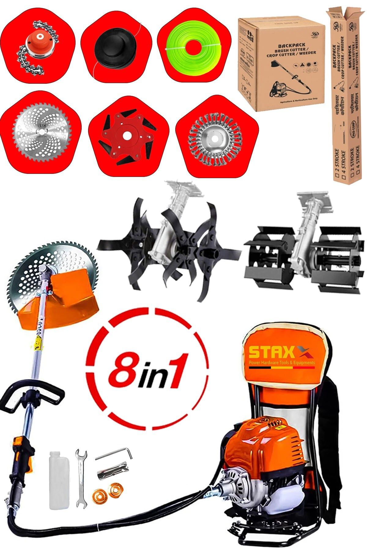 STAXX POWER 8IN1 Benzinli 20HPX Çim Çayır Ot Biçme Bahçe Bakımı Sırt Tipi Tırpan + 8'li Süper Set Çapa Başlığı