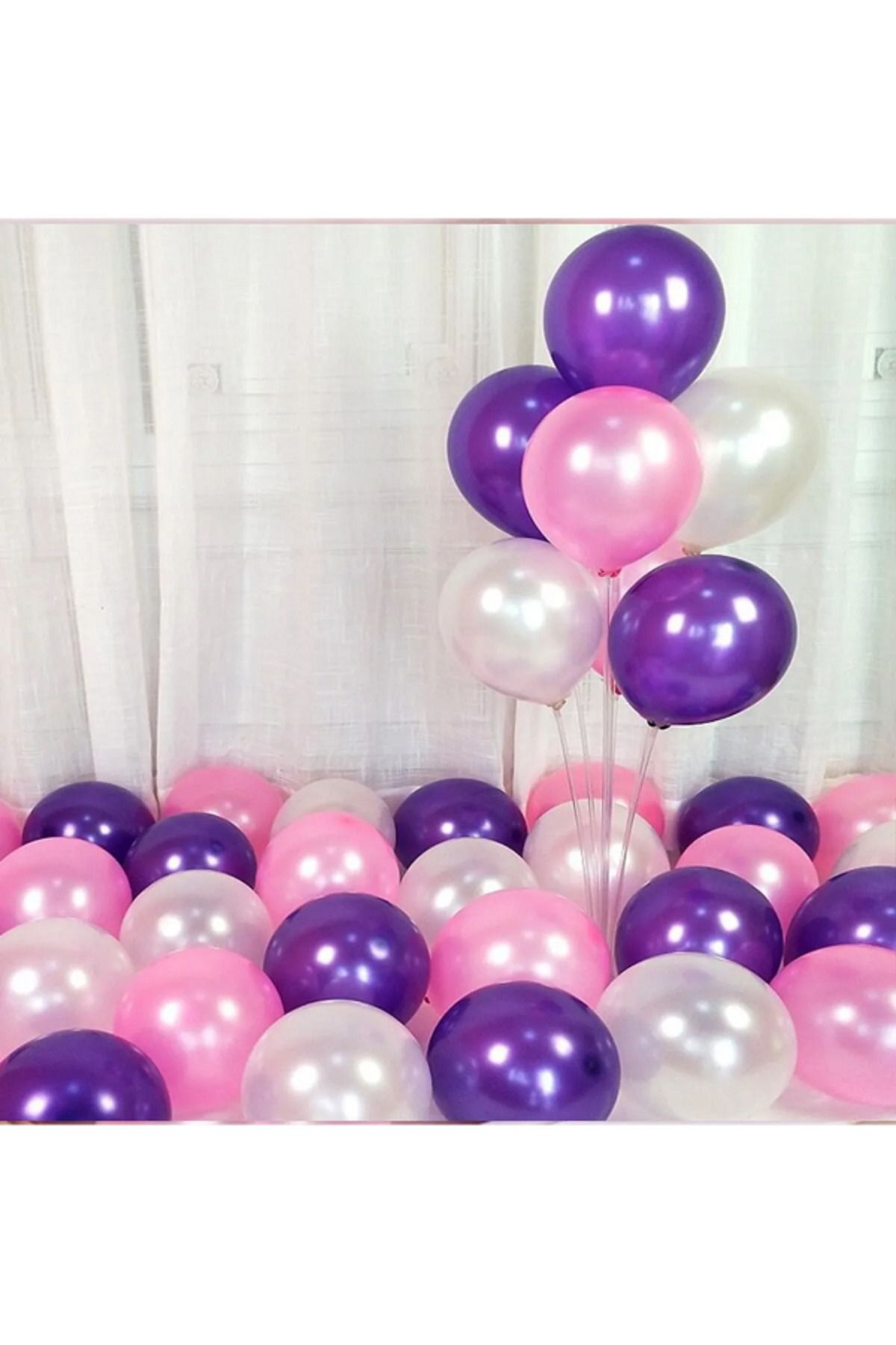 Parti Zamanı 12 inch 30 cm Balon 10 Adet Metalik Mor - Pembe - Beyaz