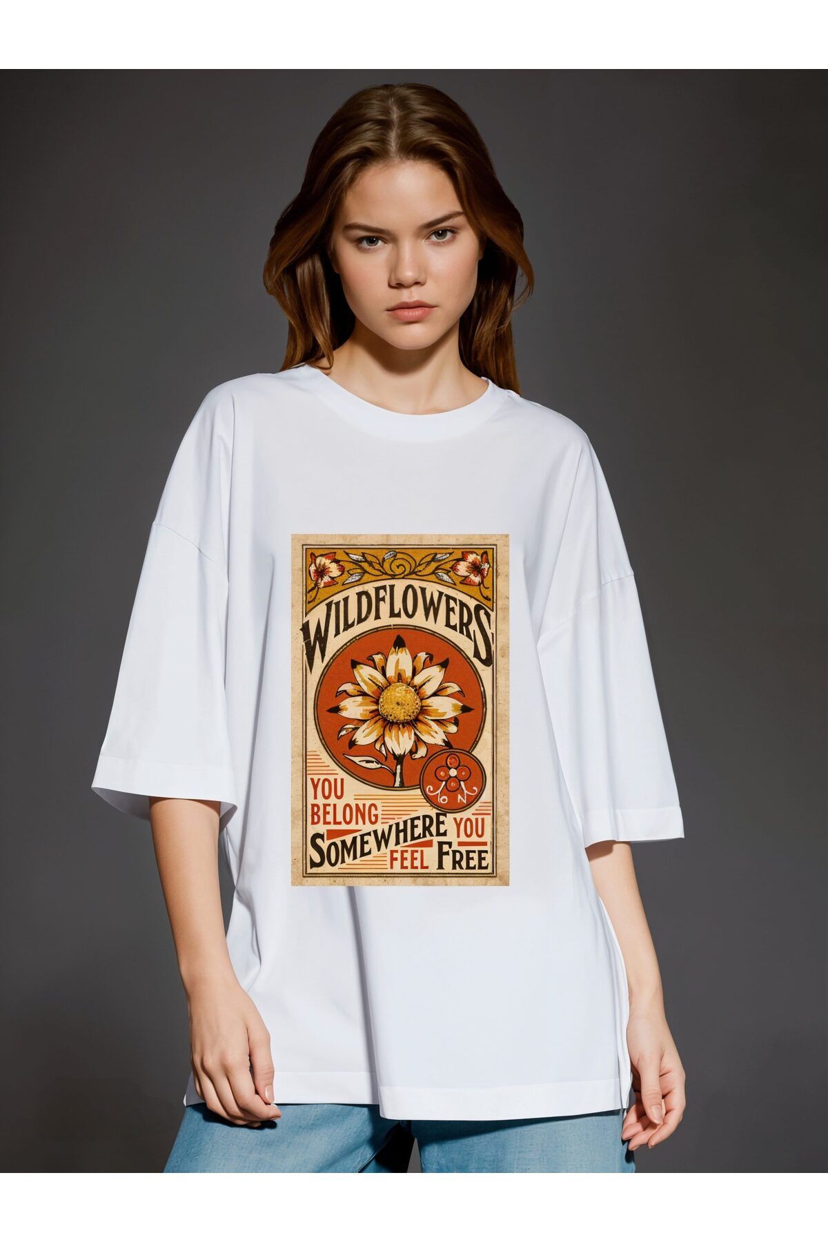 ELNOYA Unisex Pamuklu Beyaz Oversize "WildFlowers" Baskılı Bisiklet Yaka Rahat Günlük T-shirt