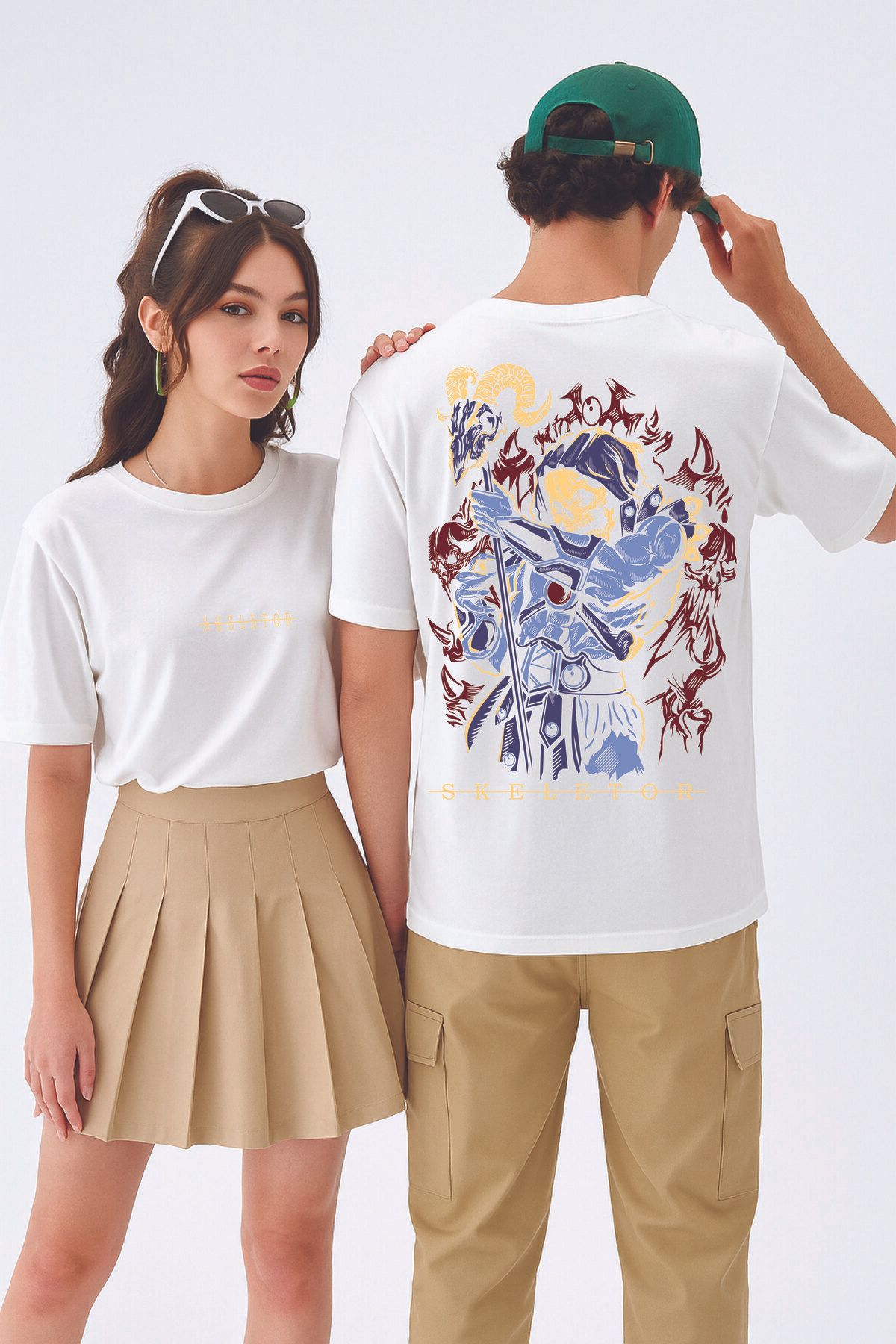 By Caspita Fashion Lenithra He-Man Skeletor Anime Sırt Baskılı Unisex Oversize Beyaz T-shirt