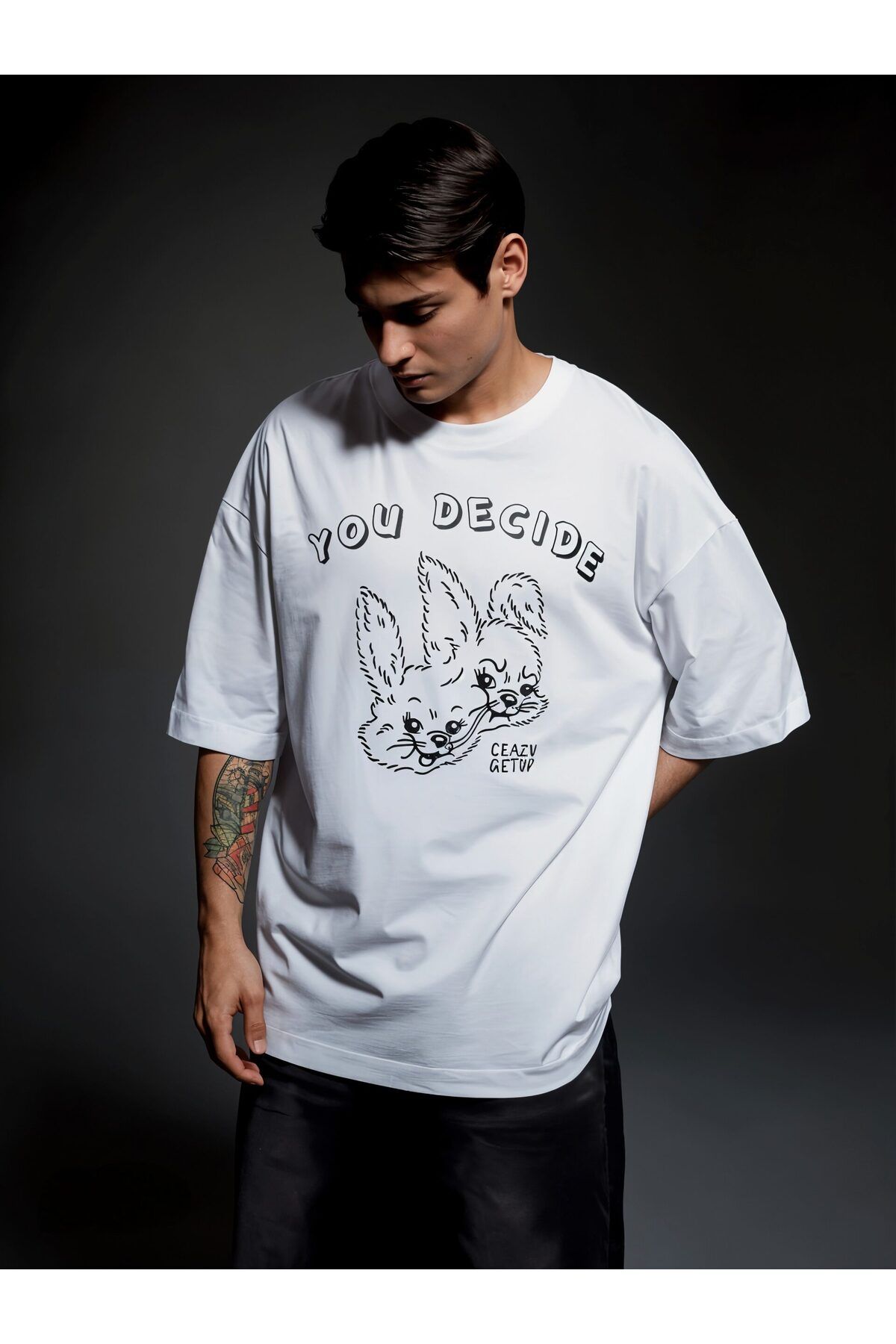ELNOYA Unisex Pamuklu Beyaz Oversize "You Decided" Baskılı Bisiklet Yaka Rahat Günlük T-shirt