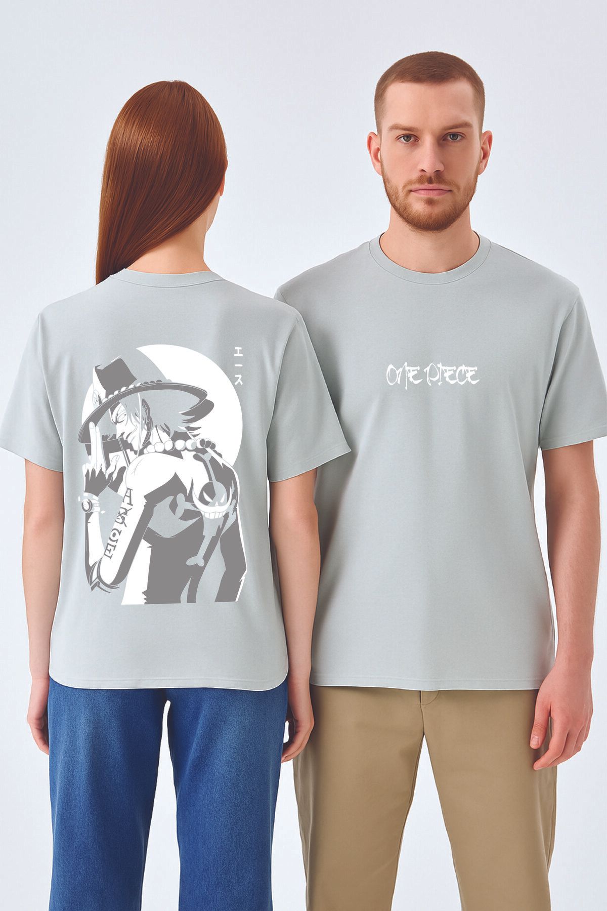 By Caspita Fashion Lenithra One Piece Luffy Anime Sırt Baskılı Unisex Oversize Gri T-shirt