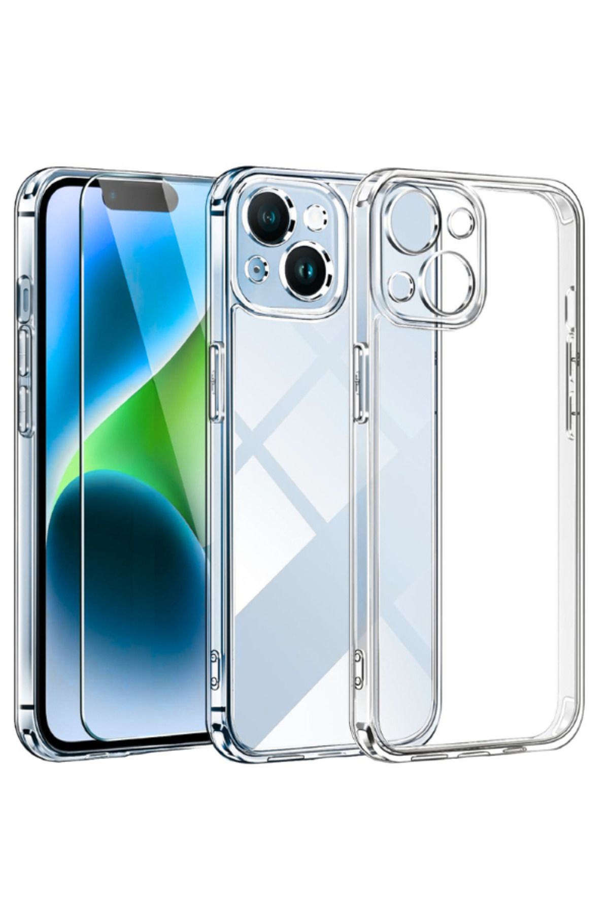 EVAX 1C1K iPhone 14 Plus Uyumlu 1 Kamera Korumalı Şeffaf Silikon Kılıf + 1 Temperli Cam Ekran Koruyucu
