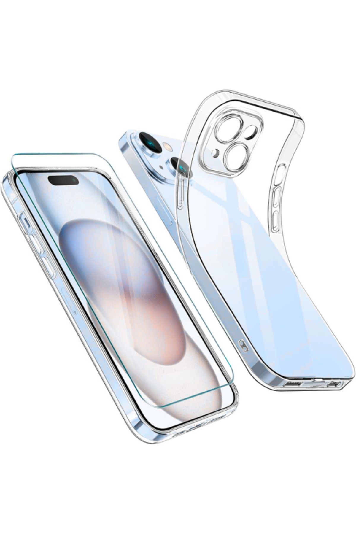 EVAX 1C1K iPhone 15 Uyumlu 1 Kamera Korumalı Şeffaf Silikon Kılıf + 1 Temperli Cam Ekran Koruyucu