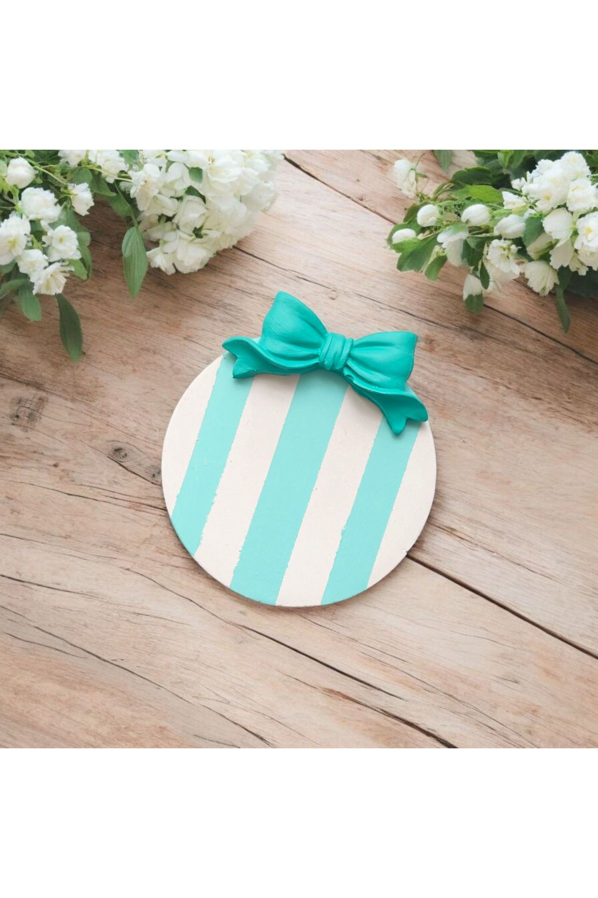 Season to Shine Fiyonk Detaylı Mint Yeşili Çizgili Seramik Bardak Altlığı/Sunumluk