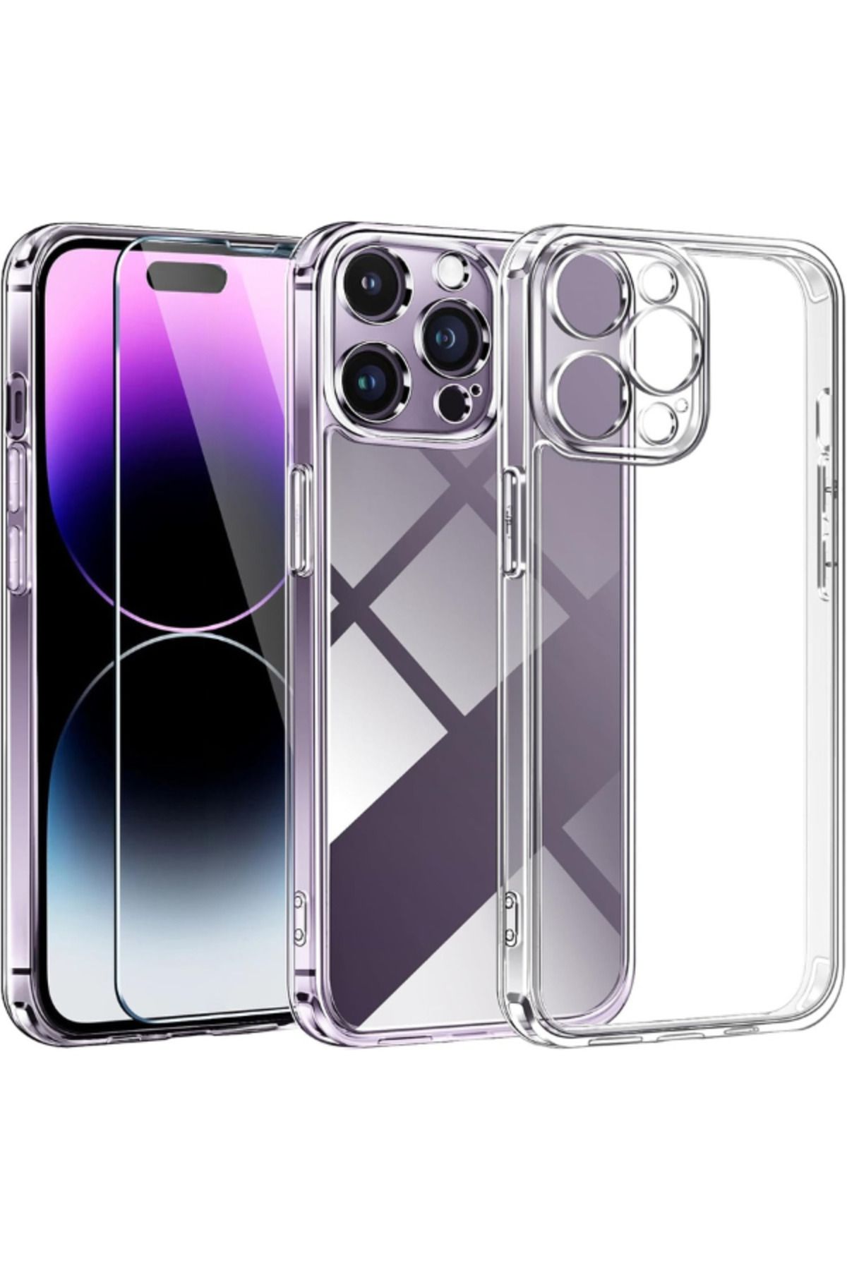 EVAX 1C1K iPhone 14 Pro Max Uyumlu 1 Kamera Korumalı Şeffaf Silikon Kılıf + 1 Temperli Cam Ekran Koruyucu