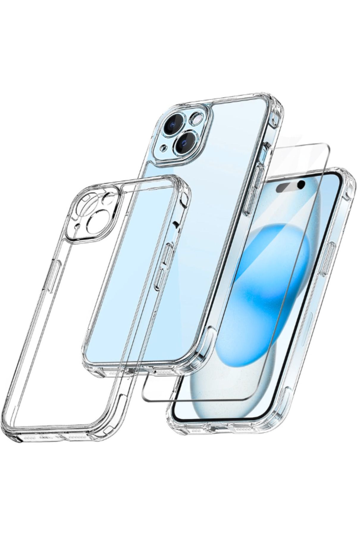 EVAX 1C1K iPhone 15 Plus Uyumlu 1 Kamera Korumalı Şeffaf Silikon Kılıf + 1 Temperli Cam Ekran Koruyucu
