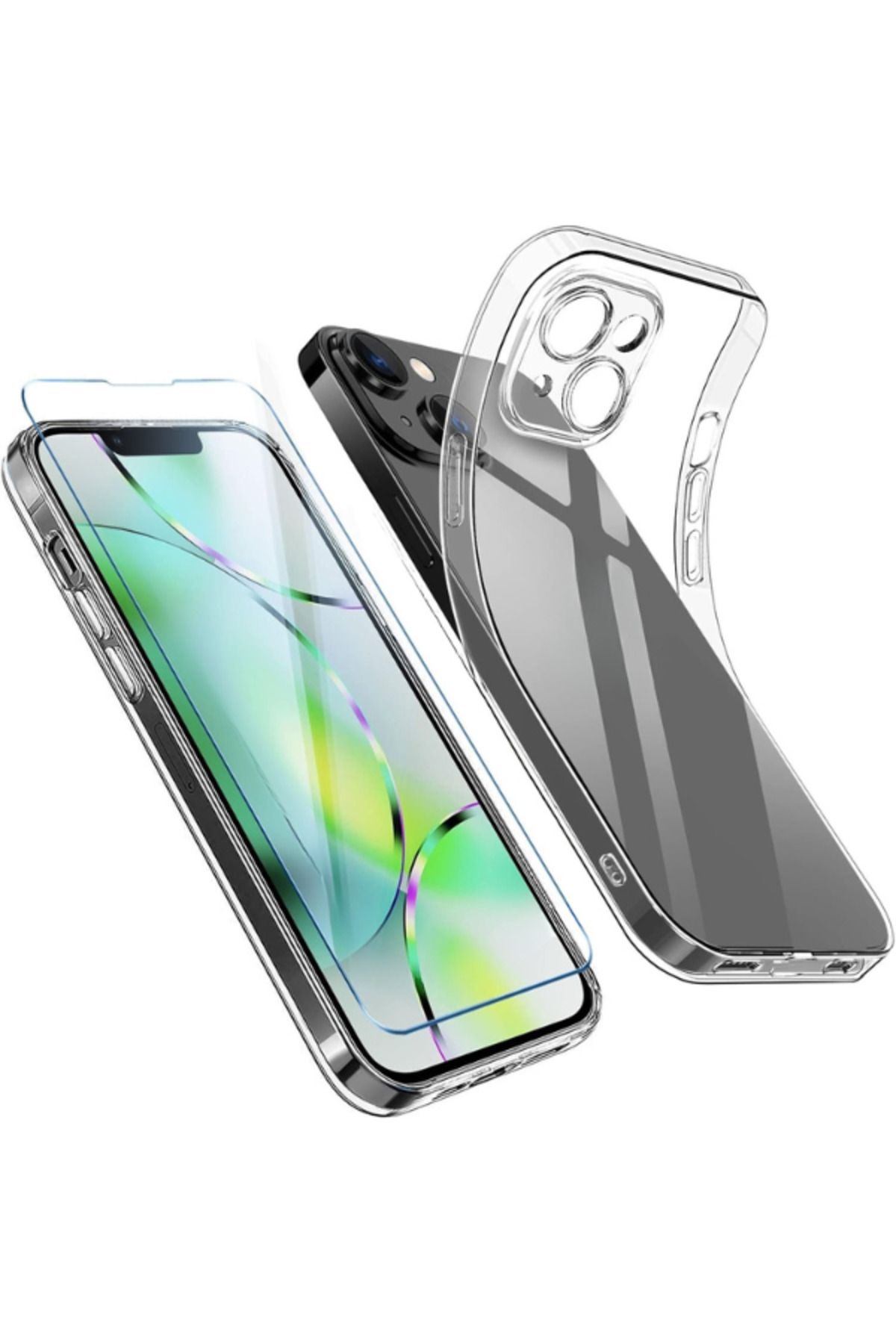 EVAX 1C1K iPhone 14 Uyumlu 1 Kamera Korumalı Şeffaf Silikon Kılıf + 1 Temperli Cam Ekran Koruyucu