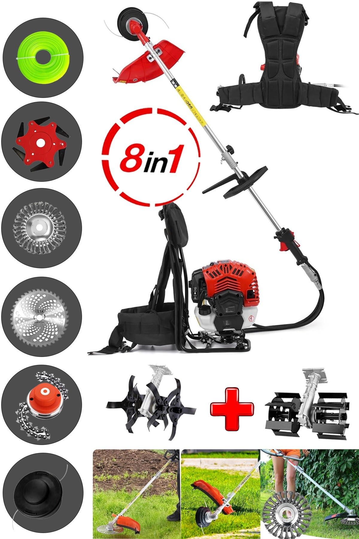 stilmax Full Set 8 Başlıklı Arazi Seti Benzinli Sırt Tipi Tırpan Ot Çalı Çim Kenar Biçme Tırpanı Çapalama