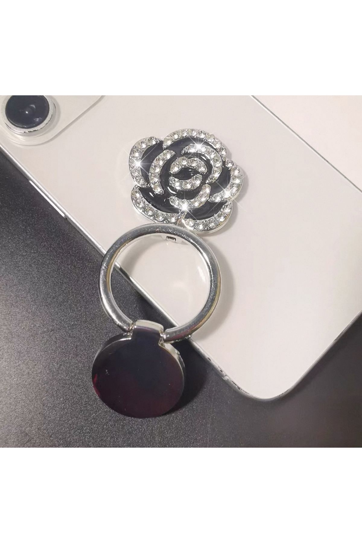 EDELFU Popsocket Gümüş Taşlı Çiçekli Metal Halka Telefon Tutacağı Sert Yüzey Yapışkanlı Parmak Tutucu