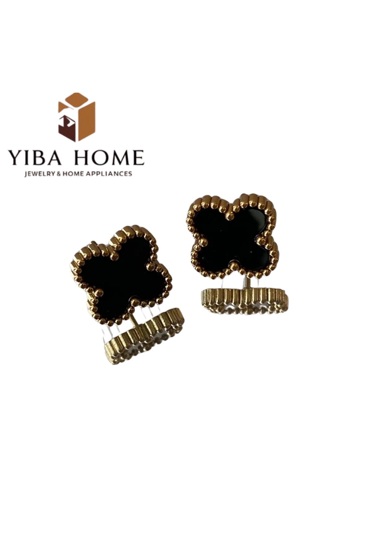 YIBAJEWELERY Siyah Gold Yonca Küpe