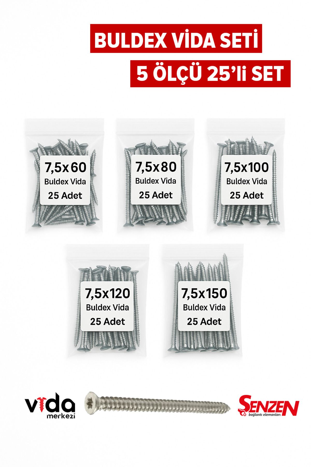 Şenzen Buldex Vida Seti – 7,5 mm Çap – 60-120mm Arası Boylar - Toplam 125 Parça