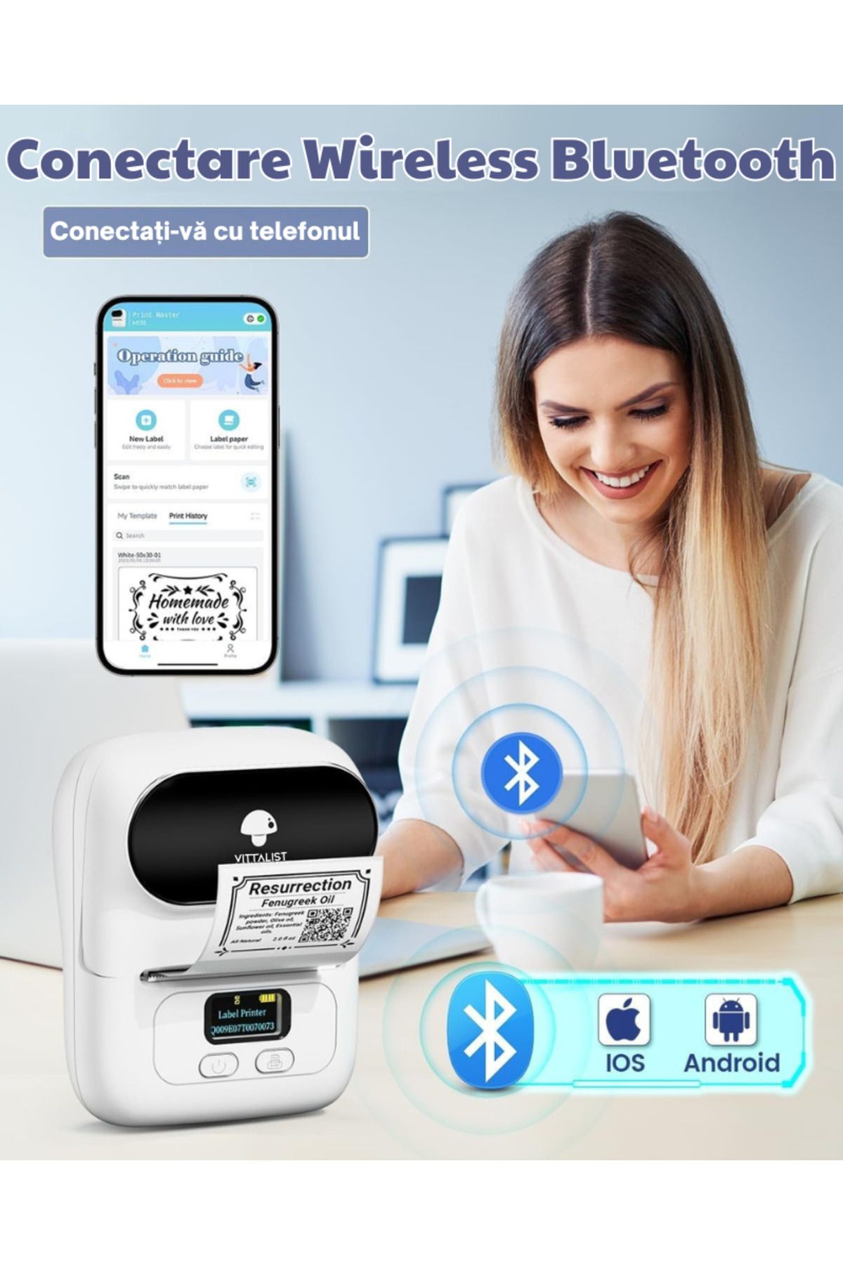Vittalist-Portable Thermal Label Printer, Phone App, Bluetooth,Compatible with iOS/Android/Windows/Mac, White 9