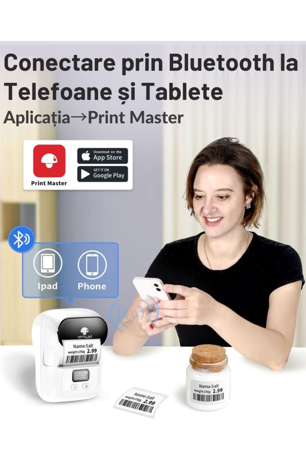 Vittalist-Portable Thermal Label Printer, Phone App, Bluetooth,Compatible with iOS/Android/Windows/Mac, White 3