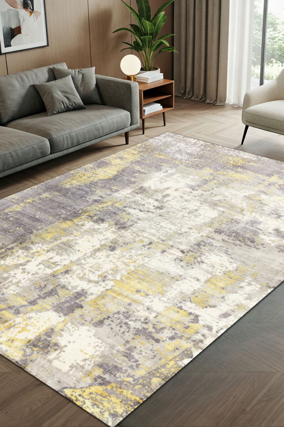 The Reef Design Gri Sarı Modern Soyut Desenli Halı Dijital Baskılı Dokuma Kaymaz Tabanlı Yıkanabilir Salon Halısı