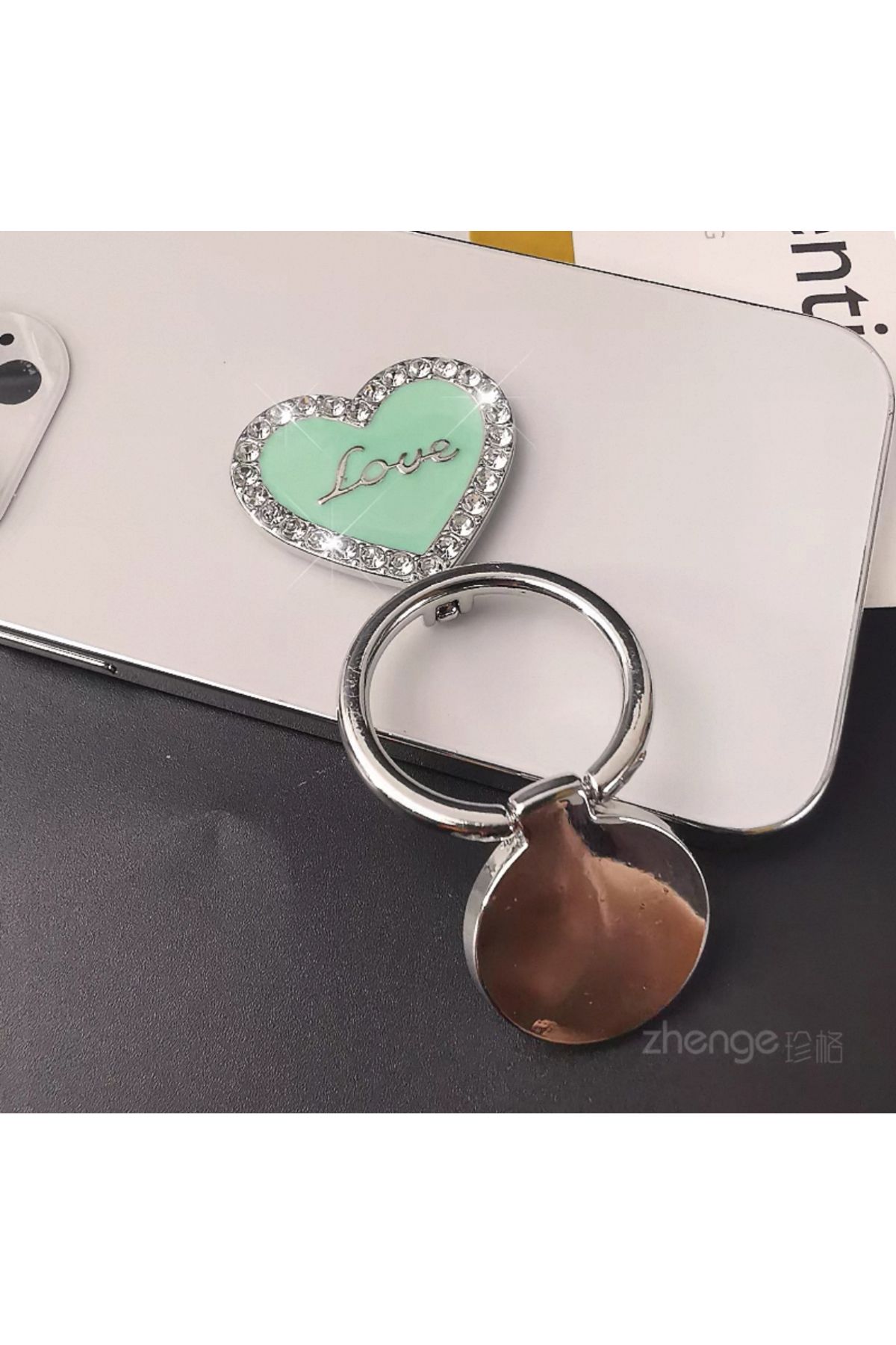 EDELFU Popsocket Gümüş Taşlı Halka Love Kalpli Metal Telefon Tutacağı Sert Yüzey Yapışkanlı Parmak Tutucu