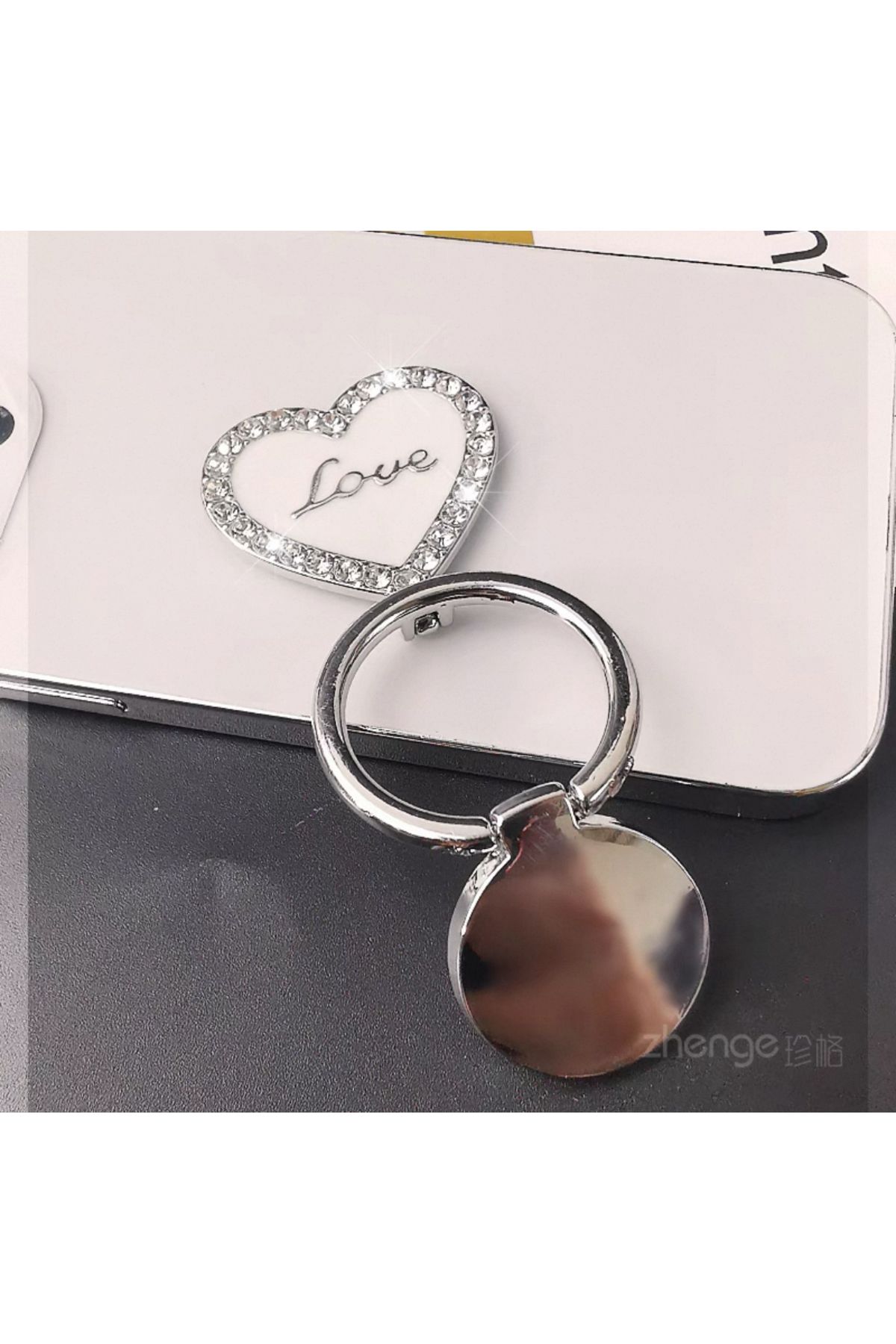 EDELFU Popsocket Gümüş Taşlı Halka Love Kalpli Metal Telefon Tutacağı Sert Yüzey Yapışkanlı Parmak Tutucu