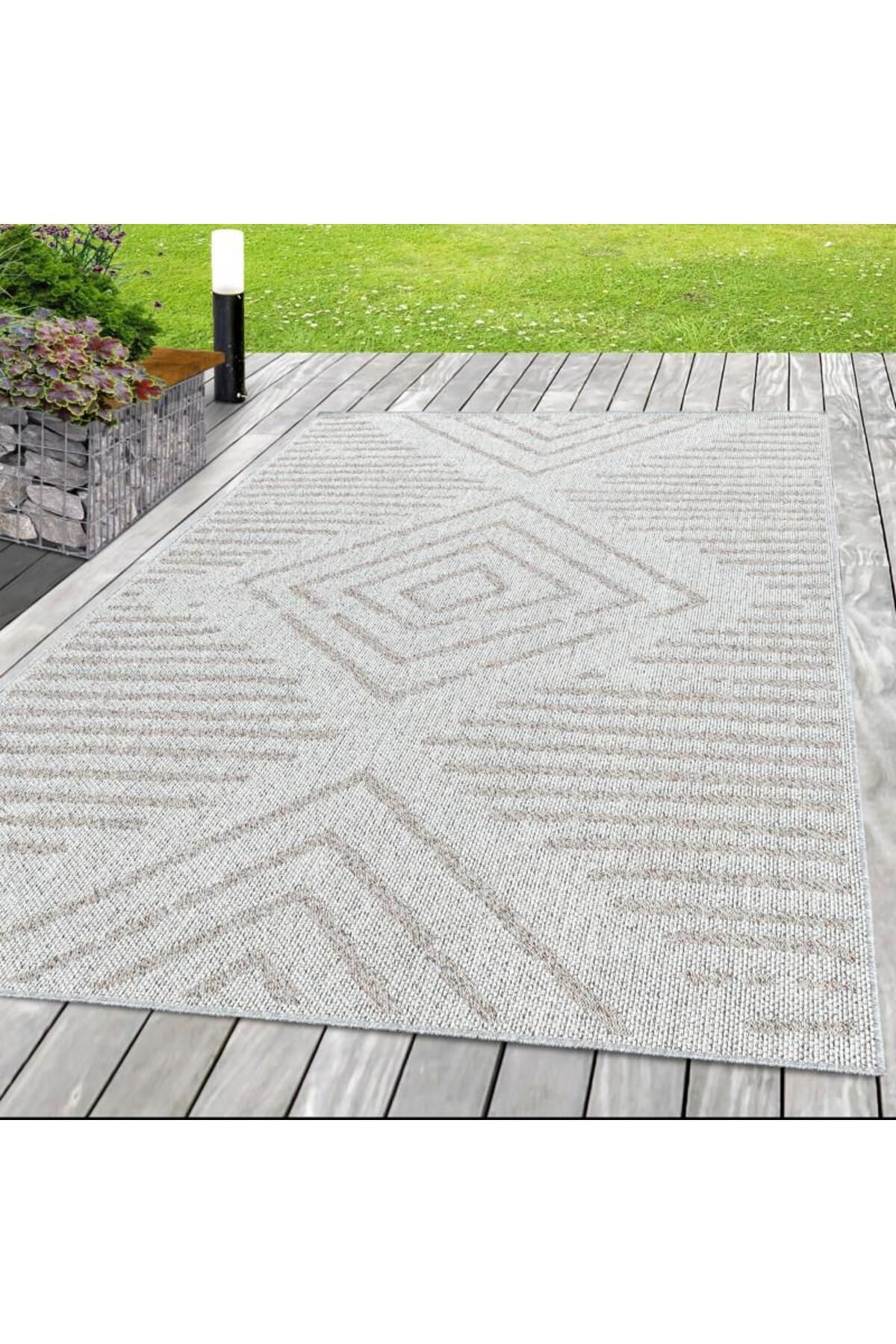 Karpetica Dış Mekan Teras Halısı Sisal Hasır görünümlü çizgi karo desenli Pembe Dokuma Halı