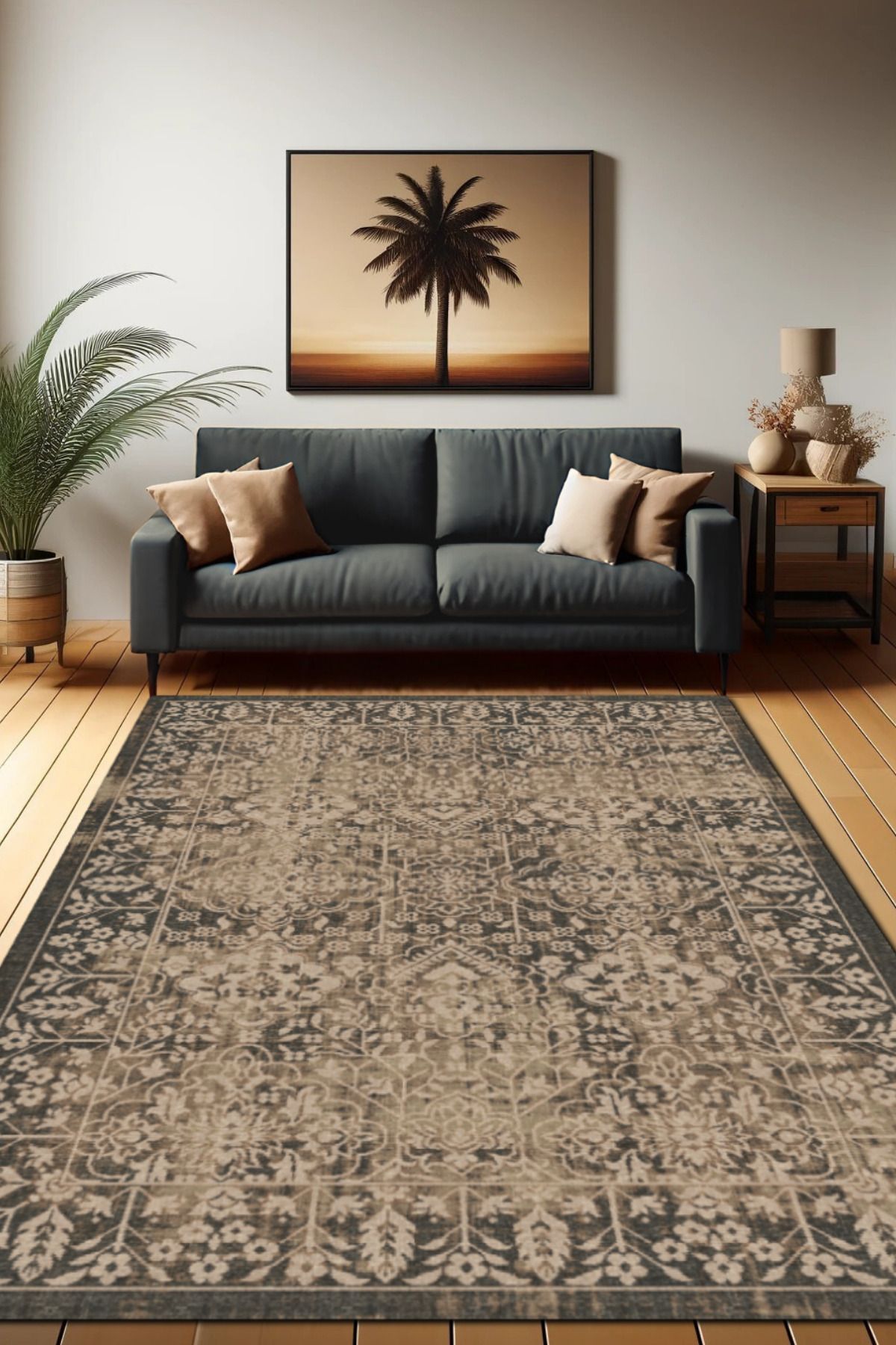 The Reef Design Kahverengi Eskitme Halı Dijital Baskılı Dokuma Kaymaz Tabanlı Yıkanabilir Antialerjik Salon Halısı