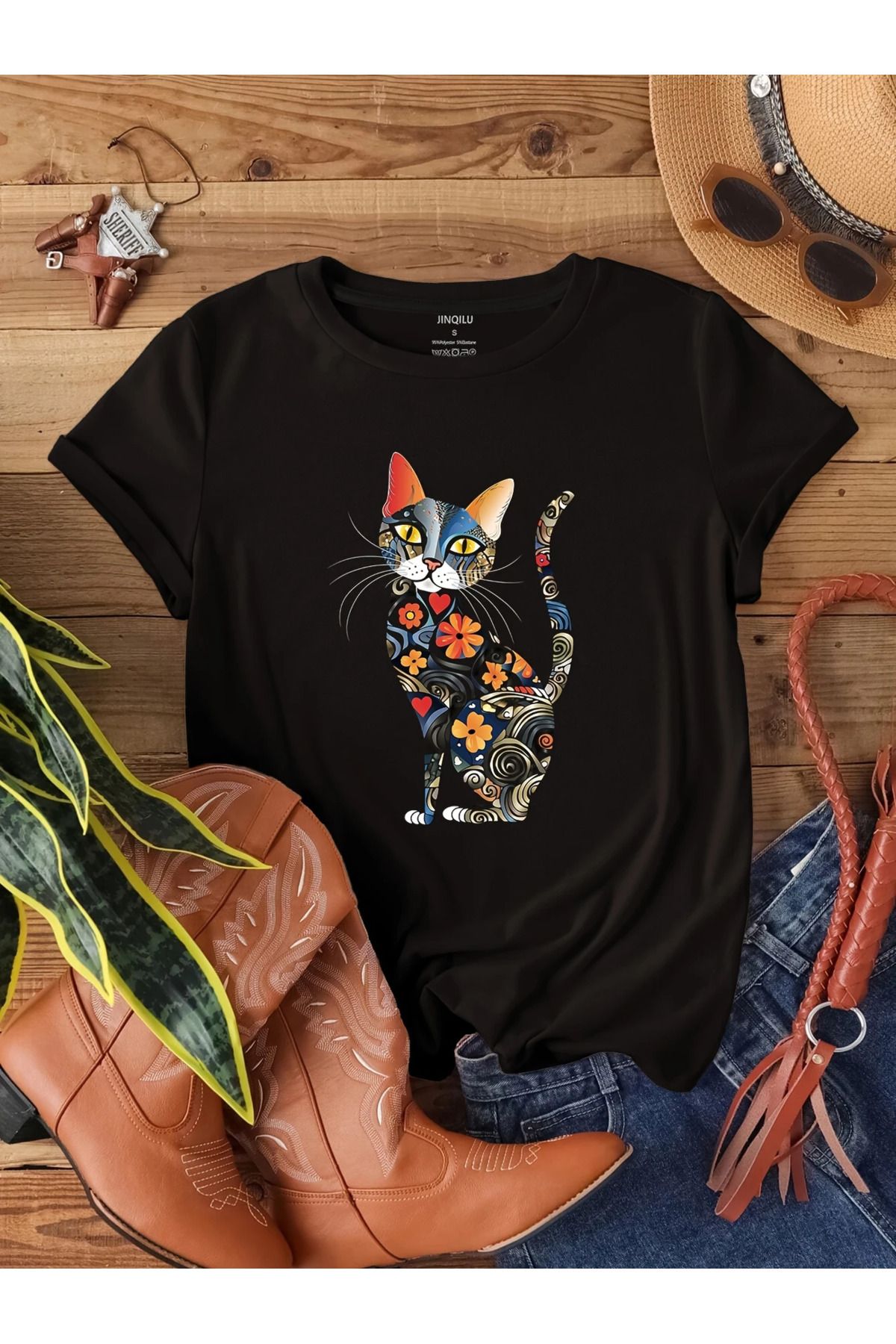 LUNAVISTA Kedi Baskılı Yuvarlak Yaka Tişört, İlkbahar ve Yaz İçin Rahat Kısa Kollu Tişört, Kadın Giyim