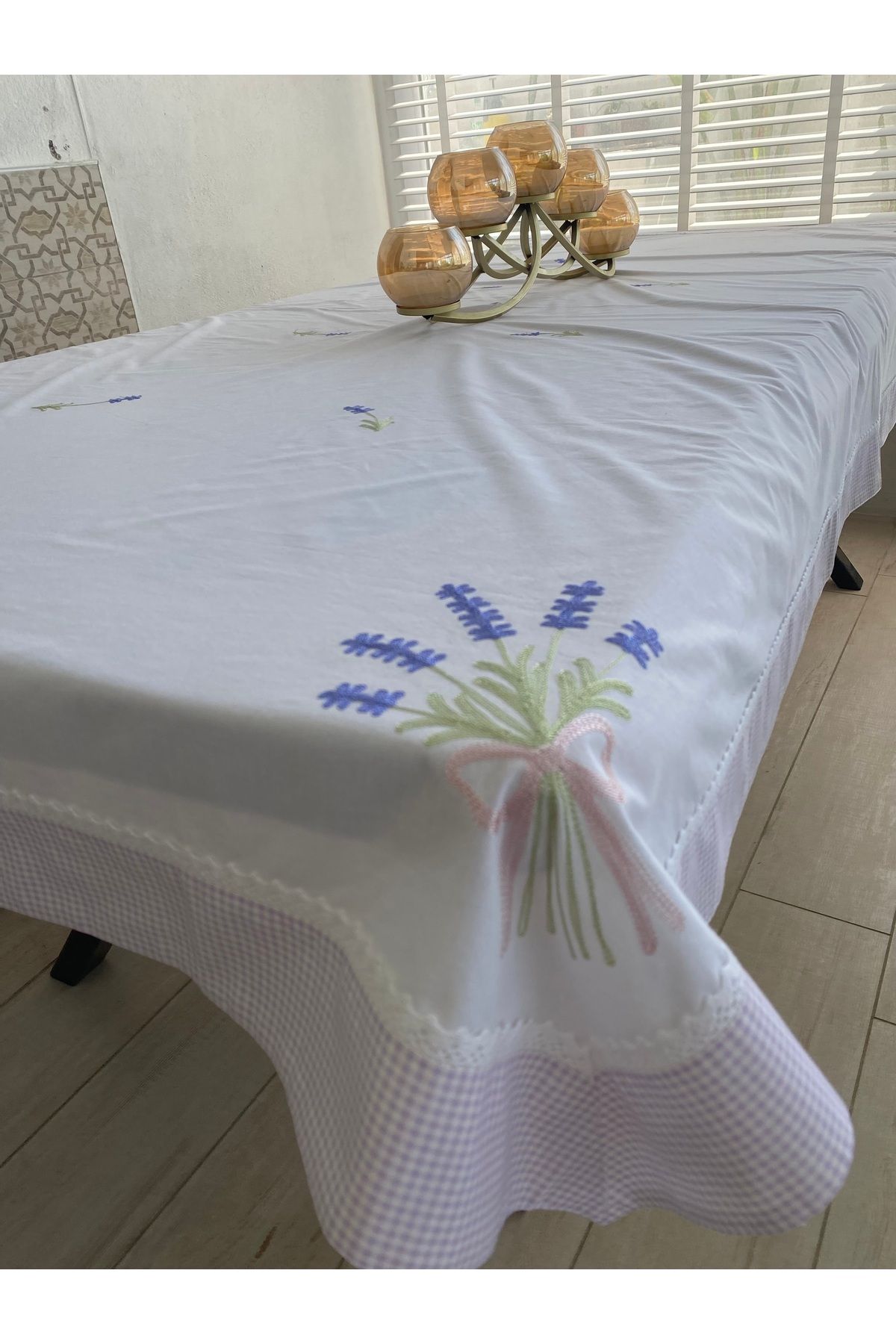 Bohemian Lila Bordürlü Lavanta İşlemeli 140x240 cm Naturel Masa Örtüsü