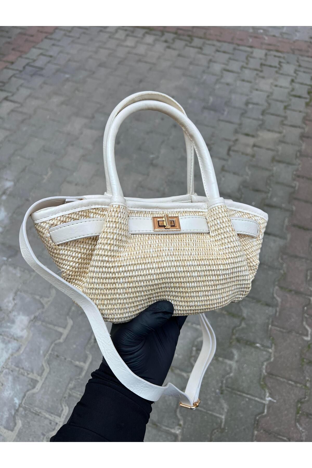 Mia Collection Gerçek Hasır Lima Model El Ve Kadın Omuz Çantası Krem