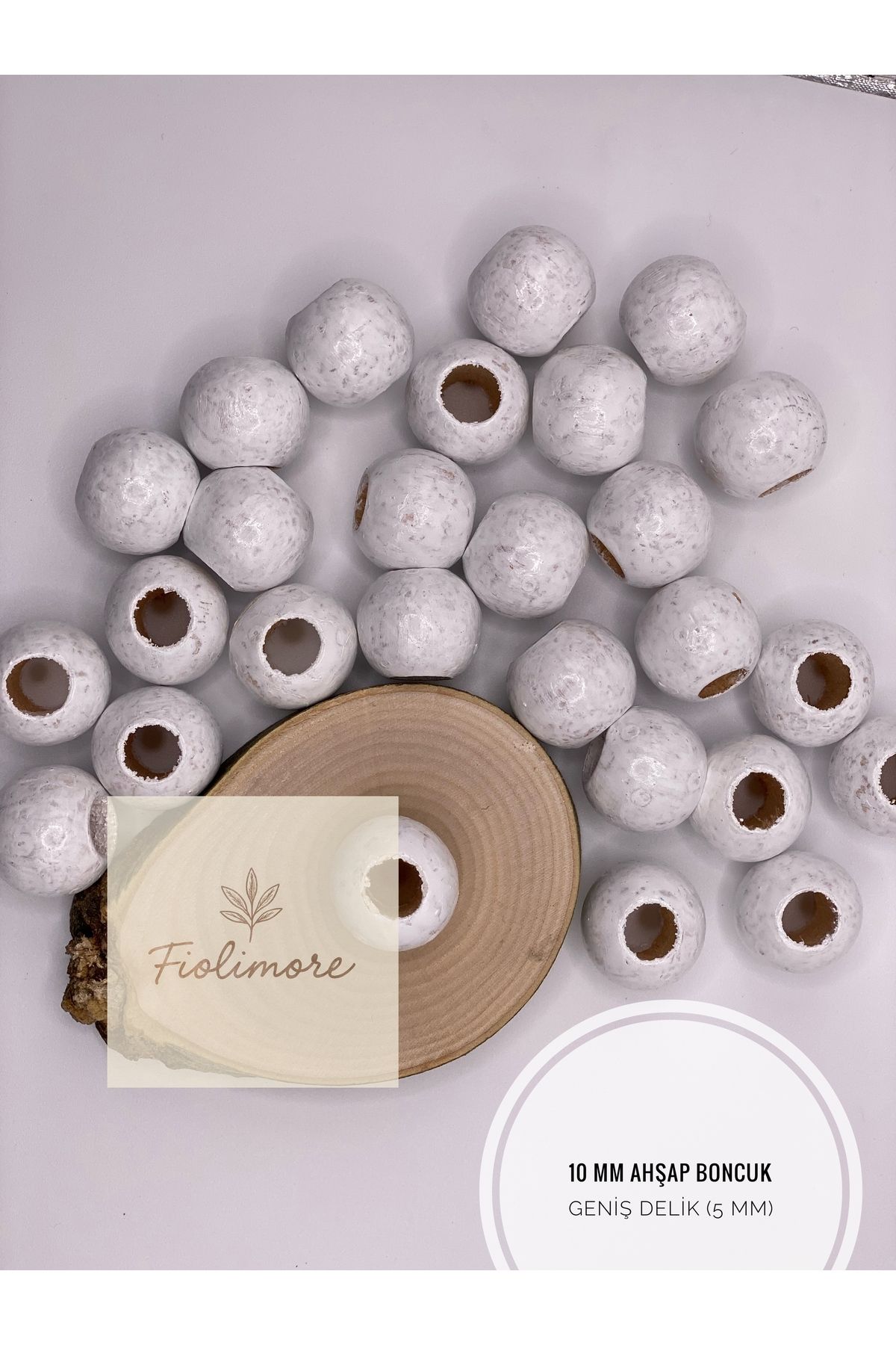 Fiolimore Beyaz Ahşap Boncuk 10 mm (50 Gram 155 Adet) Delik Çapı 5 mm Yuvarlak Tahta Renkli Boncuk