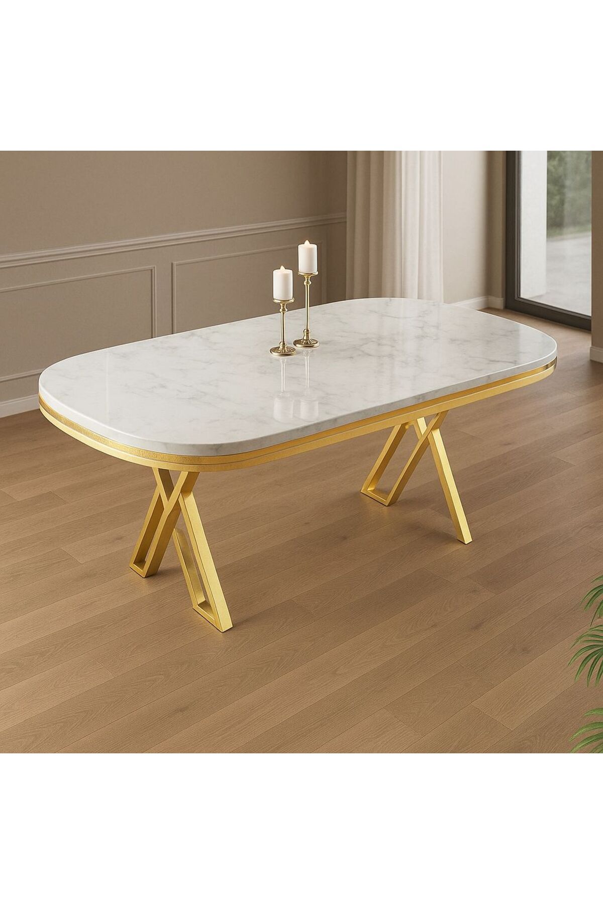 UZMHOME 90 x 170 Sabit Lak Panel Masa GOLD Ayak