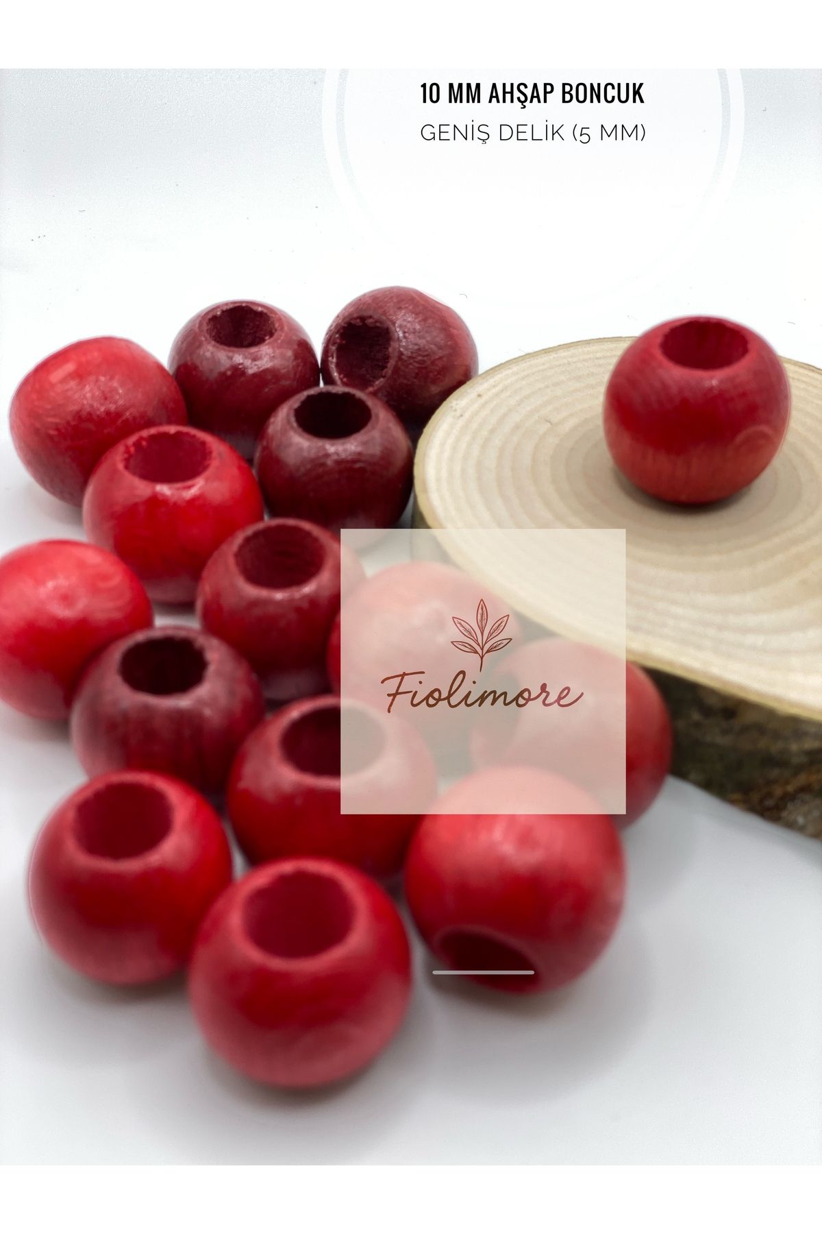Fiolimore Kırmızı Ahşap Boncuk 10 mm (50 Gram 155 Adet) Delik Çapı 5 mm Yuvarlak Tahta Renkli Boncuk