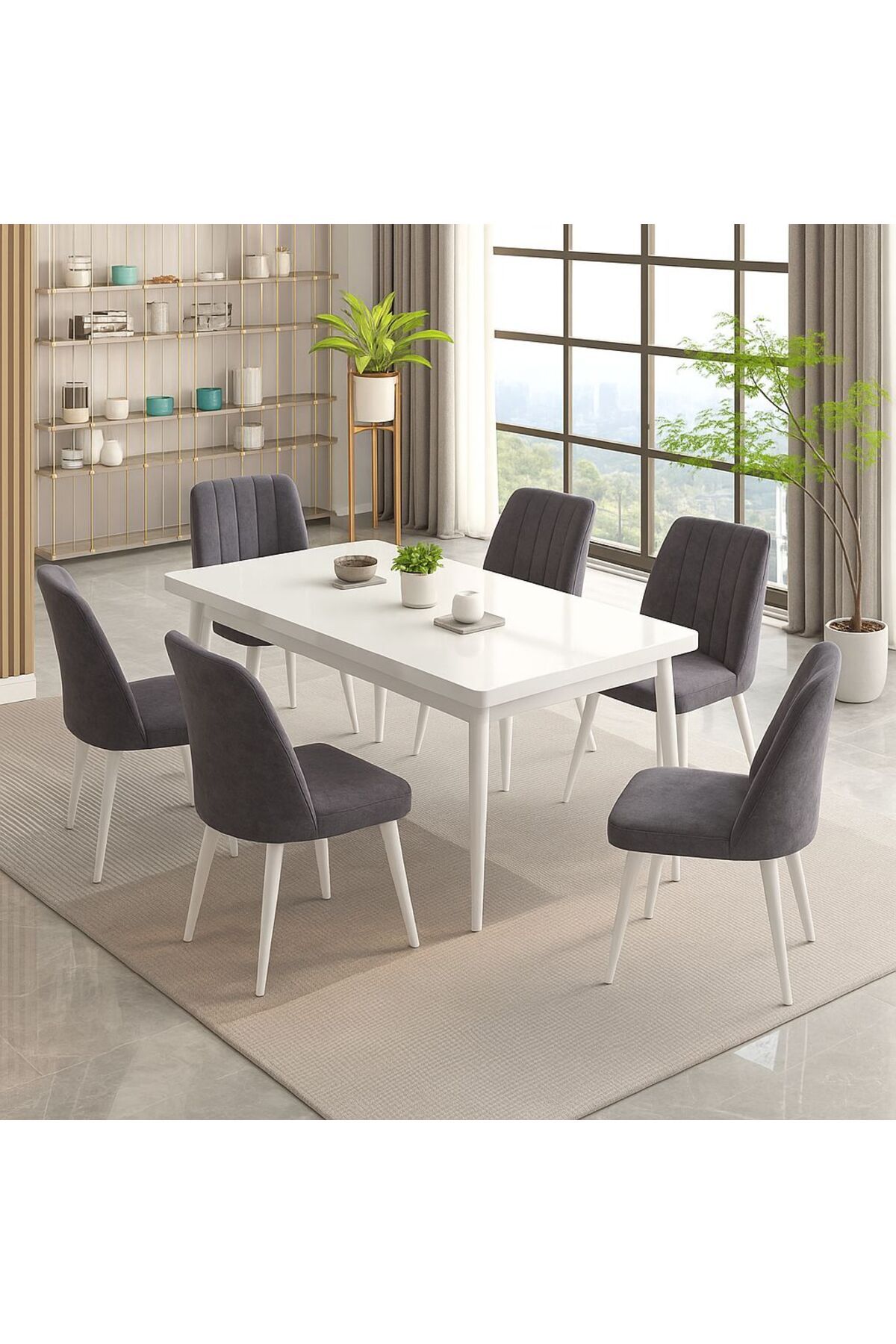 UZMHOME LALE Serisi Beyaz 80x130 Açılır Yemek Masası , Yemek Masa Takımı Metal Ayaklı 6 SandalyeLİ