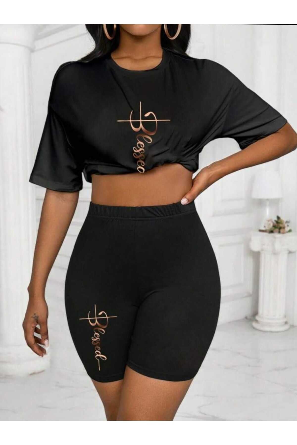 WOODROFFE Tasarım Baskılı Kadın Kısa Tayt Oversize Salaş Boyfriend T-shirt Takım