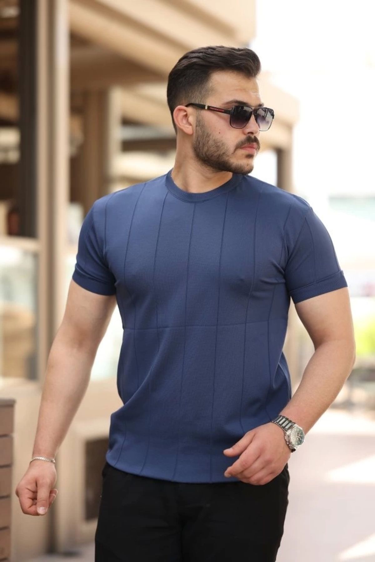 Butik Erkek Ince çizgi Dokulu Bisiklet Yaka Kısa Kollu T-shirt