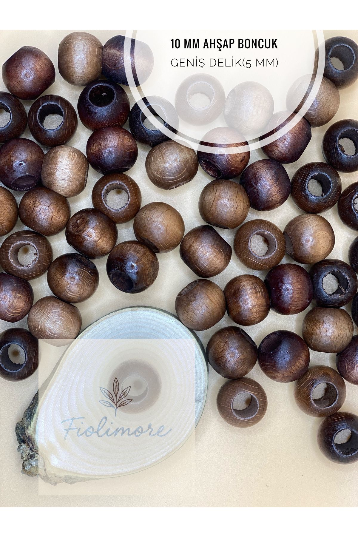 Fiolimore Kahverengi Ahşap Boncuk 10 mm (50 Gram 155 Adet) Delik Çapı 5 mm Yuvarlak Tahta Renkli Boncuk